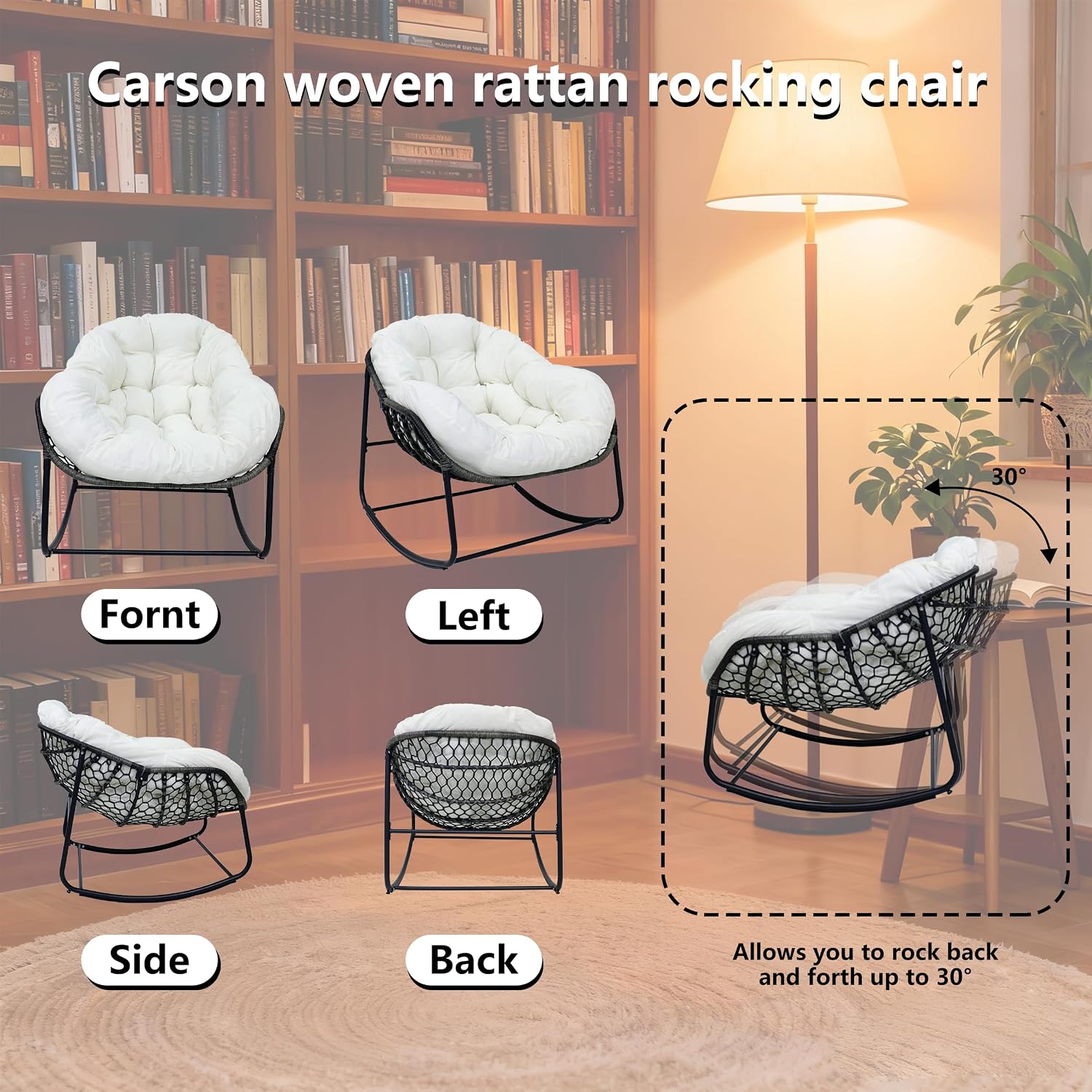 Deluxe Patio Rocking Chair with Padded Cushion, Oversized Rattan Egg Rocking Chair, Indoor & Outdoor, Rocker Recliner Chair for Front Porch, Garden, Patio, Backyard (61611842-1)
