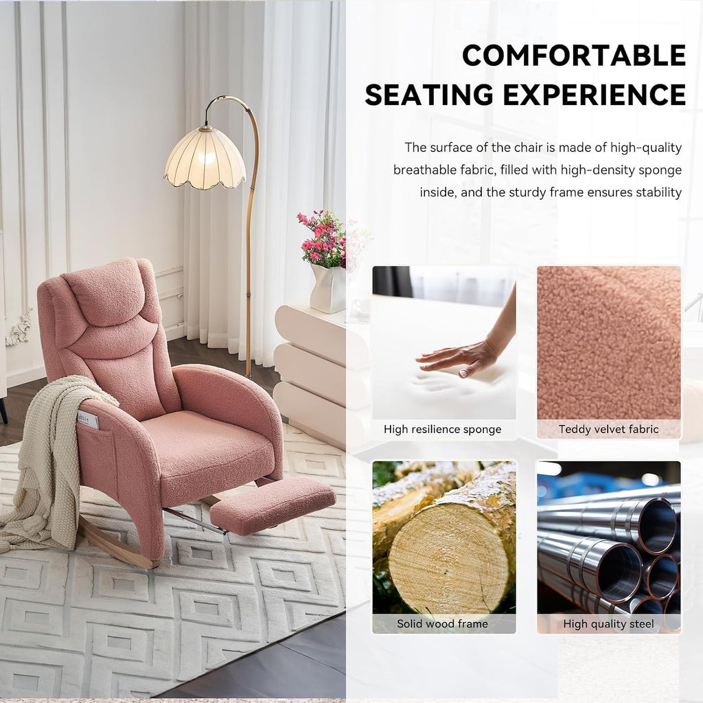 FOXHUNTER Rocking Chair Nursery, Modern Glider Chair with Adjustable Footrest and Solid Wood Legs, High Backrest Nursery Chair with Side Pocket, Rocker Armchair for Living Room Bedroom, Teddy Pink