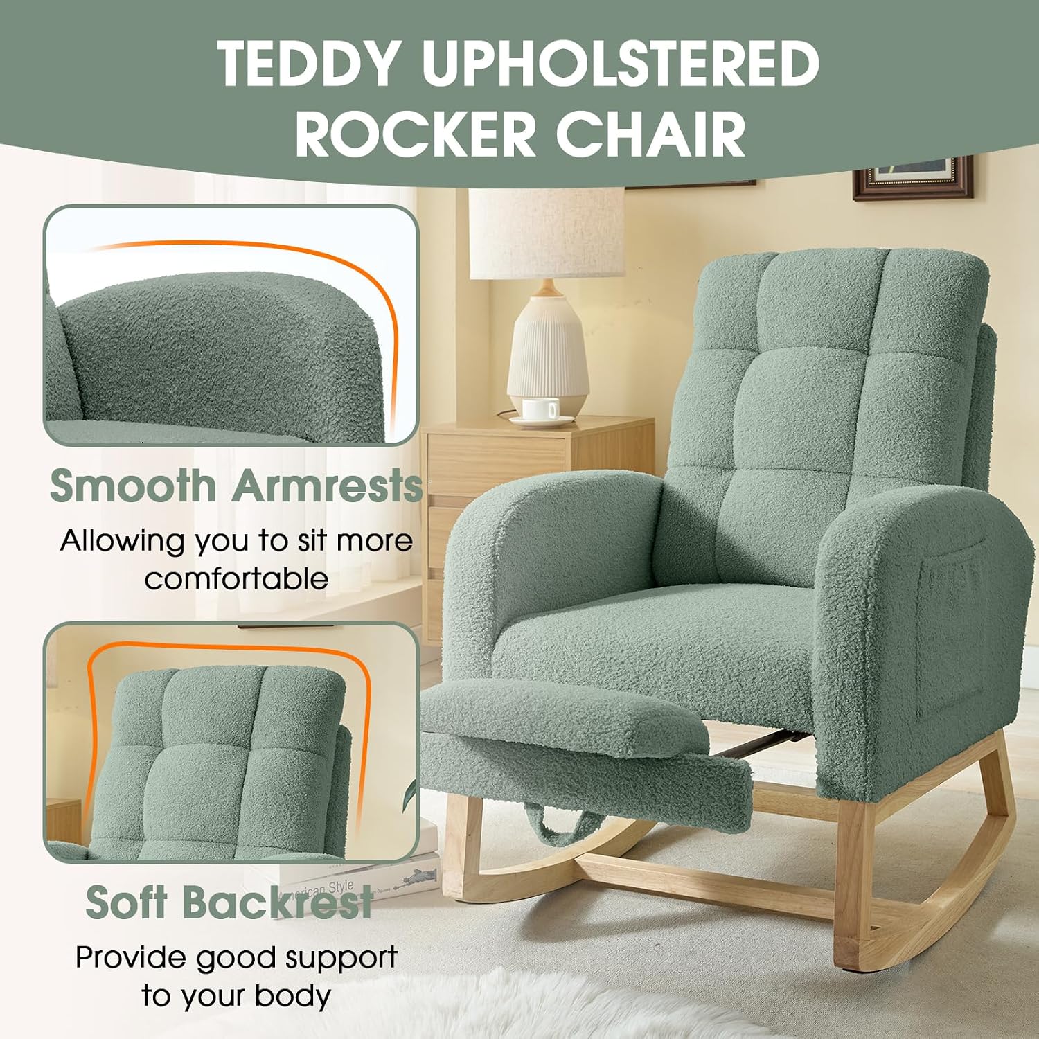 NIOIIKIT Modern Nursery Rocking Chair, Teddy Upholstered Rocking Chair with Footrest, Comfortable Rocker Chair with Side Pocket, Rocker Chair for Living Room, Bedroom, Nursing Room (Green)