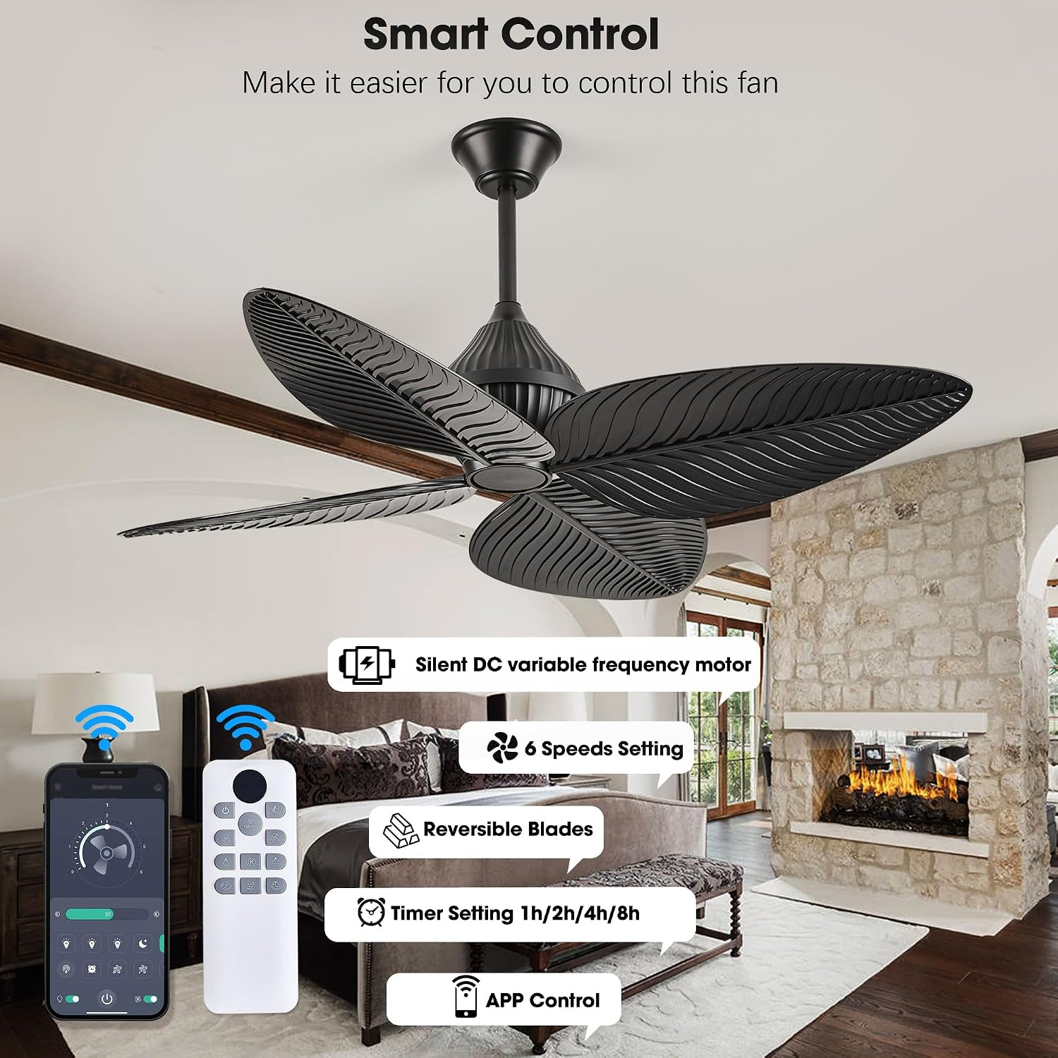 52' Black Tropical Ceiling Fans, Flush Mount Palm Leaf Ceiling Fan no Light, Indoor Ceiling Fans Without Light for Living Room Bedroom Kitchen Covered Gazebo, APP and Remote Control