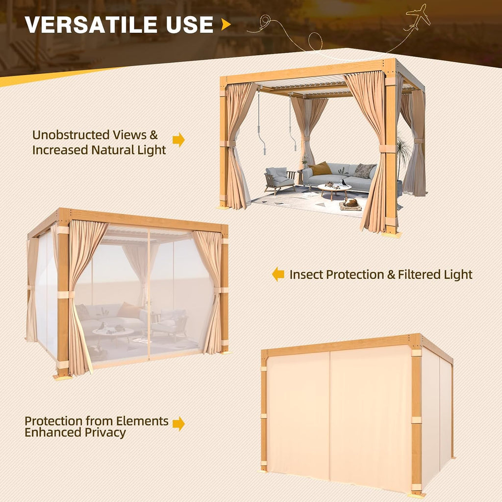 MELLCOM Louvered Pergola - 10x10 Aluminum Pergola with Adjustable Louvered Roof and Waterproof Curtains and Nets