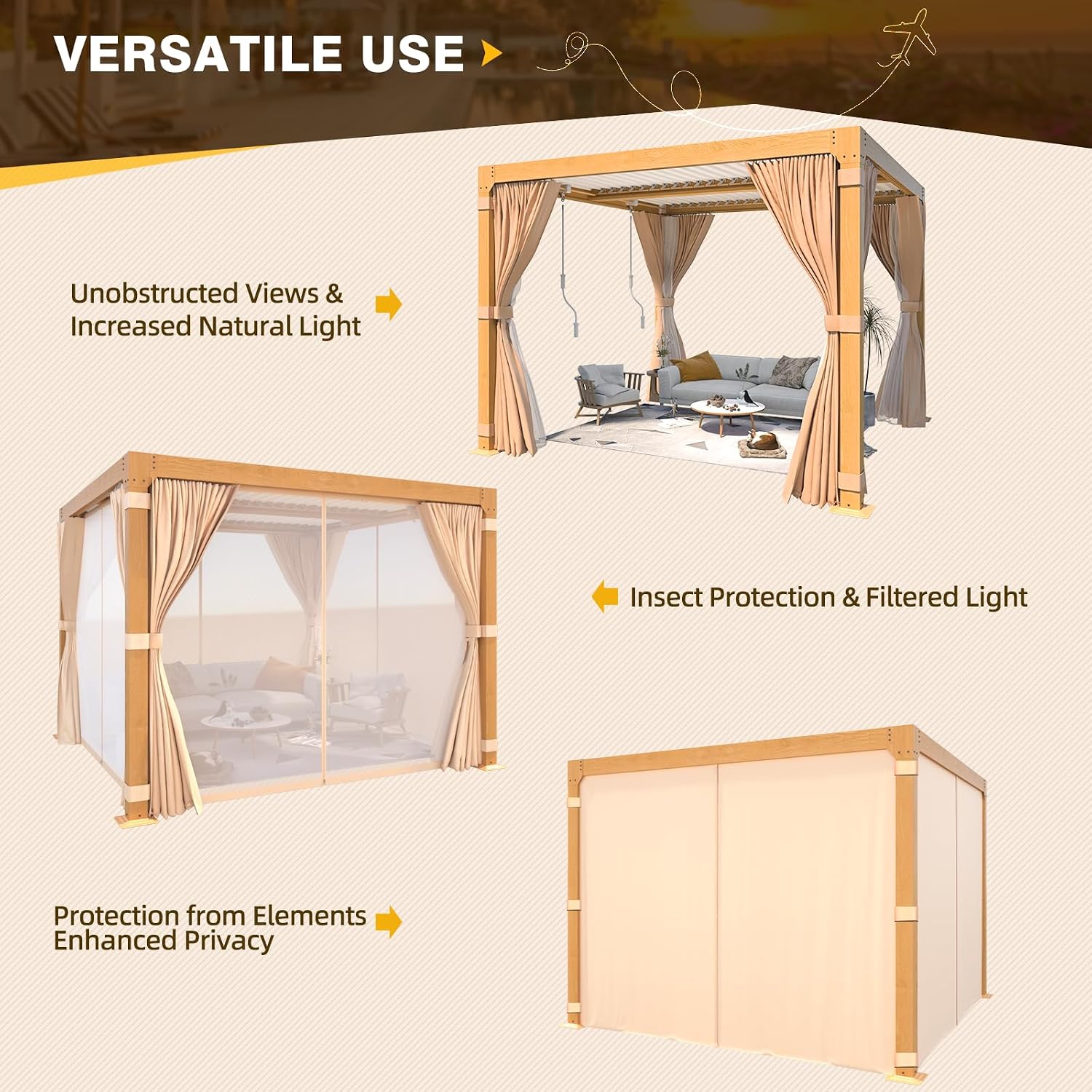 MELLCOM Louvered Pergola - 10x10 Aluminum Pergola with Adjustable Louvered Roof and Waterproof Curtains and Nets