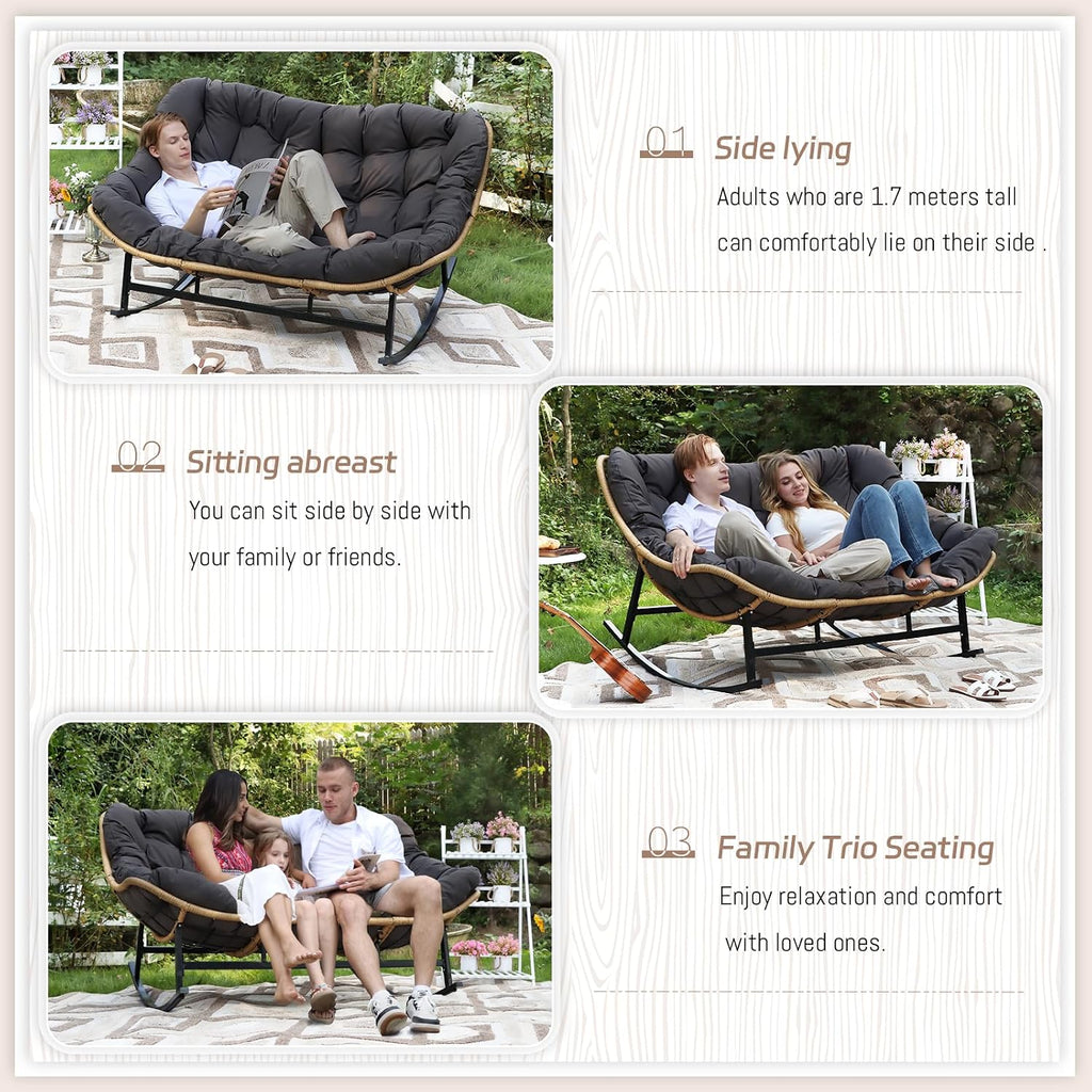 BULEXYARD Double Papasan Rocking Chair Indoor Outdoor, 2 Person Wicker Rocking Egg Chair with Dark Grey Thick Cushion, Oversized Large Patio Lounge Loveseat for Balcony, Porch, Garden, Lawn