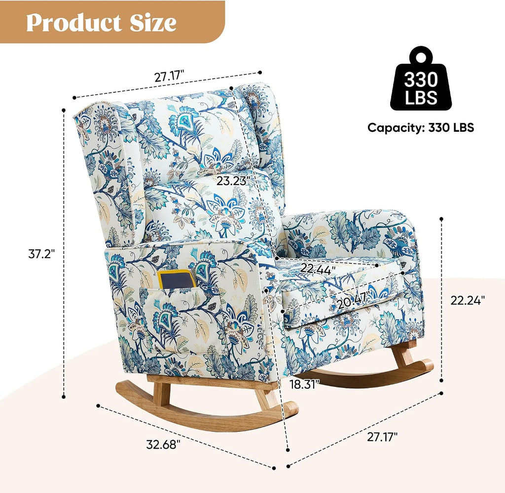 HCHAIRH Nursery Rocking Chairs, Rocking Chair Nursery for Mom Nursery Rocker with High Backrest and Solid Wood Legs, Modern Wingback Accent Chairs Set of 2 for Reading Living Room Bedroom, Blue Floral