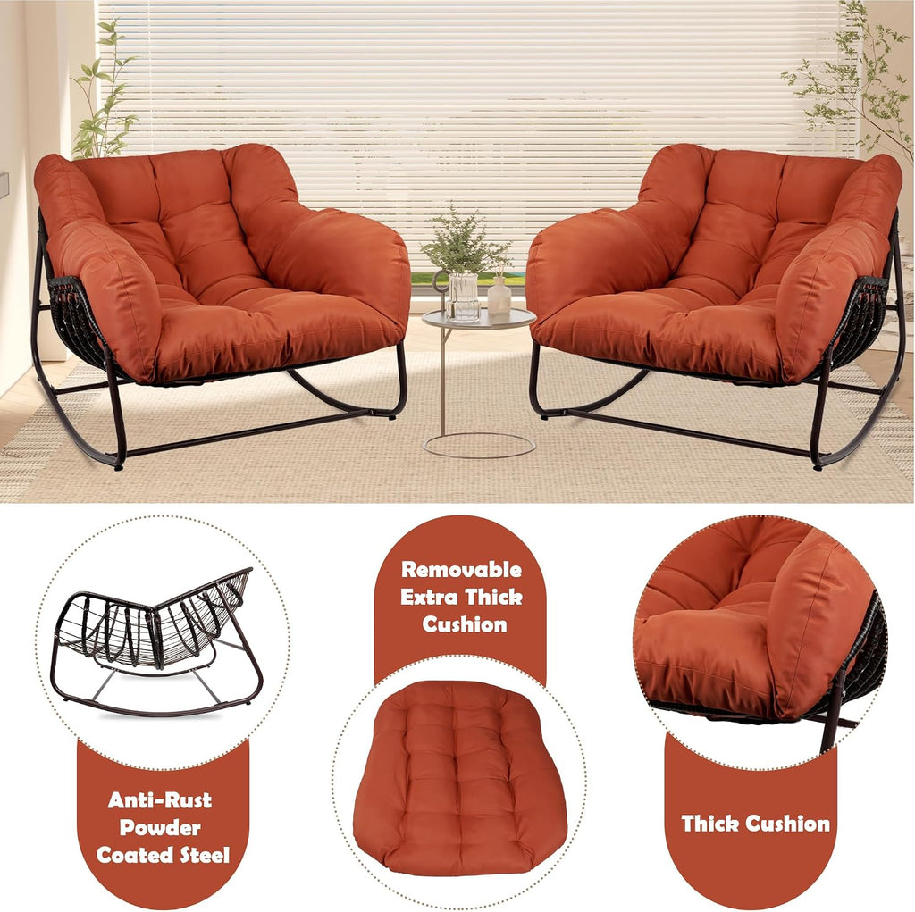 Papasan Rocking Chair Indoor & Outdoor, All Weather Wicker Papasan Patio Chair with Cushion & Pillow, Oversized Papasan Rocker Egg Chair for Bedroom, Garden, Patio - Red.