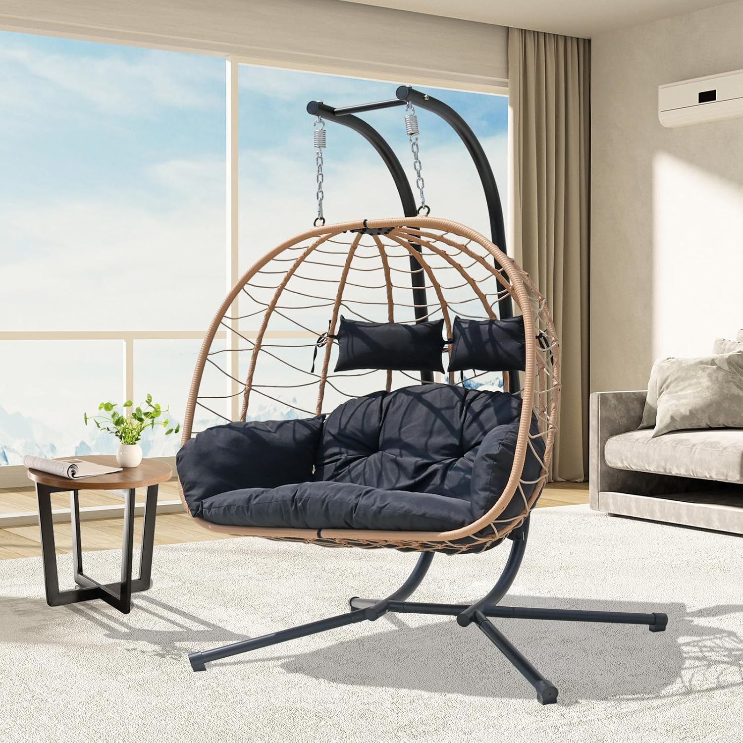 Double Egg Chair Outdoor, 2 Person Hanging Egg Chair with Stand, Patio Wicker Egg Swing Chair for Garden, Backyard, Balcony, 600Lbs Heavy Duty (BR-BL)