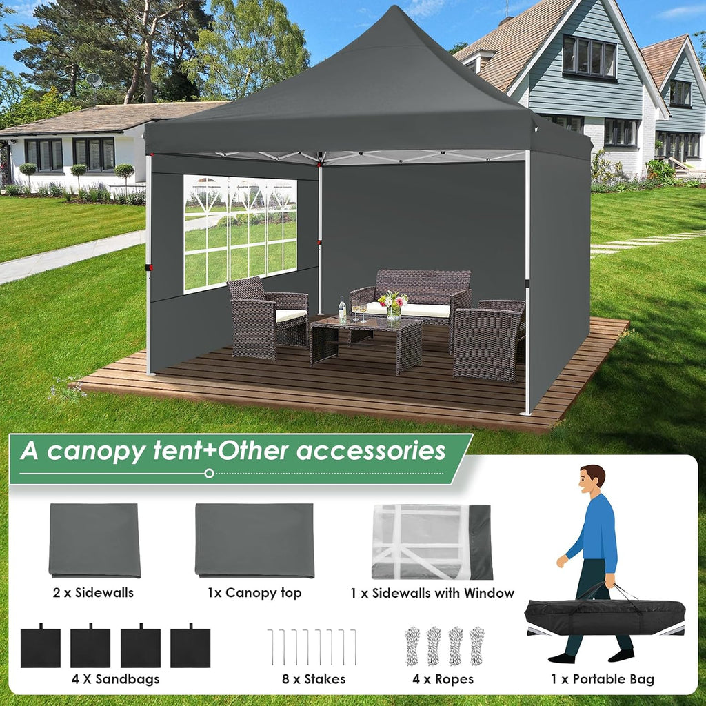COBIZI Canopy 10x10 Pop Up Canopy Tent with 3 Sidewalls, Commercial Party Tent Ez Waterproof Outdoor Instant Gazebo UV 50+ Event Shelter, Garden Tents for Parties Camping with Sandbags, Grey