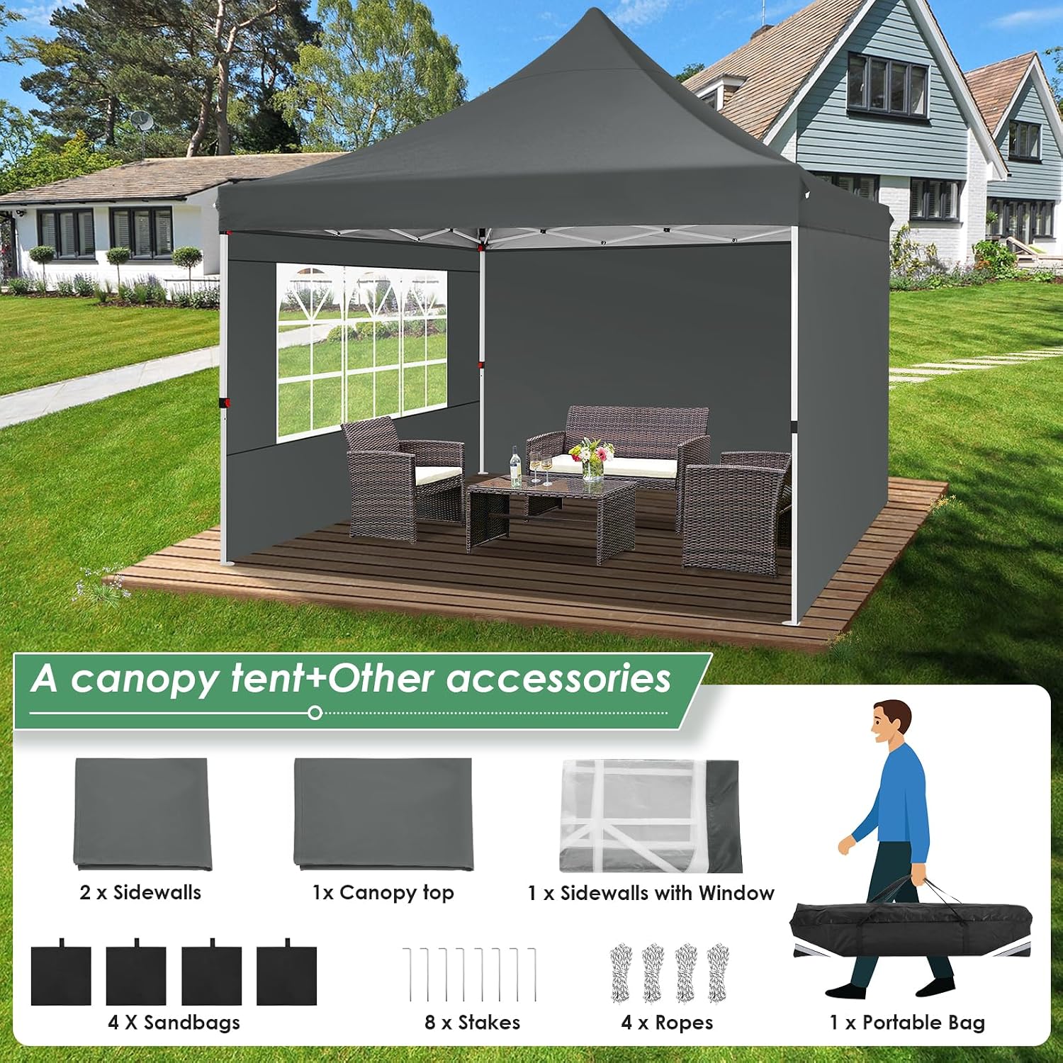 COBIZI Canopy 10x10 Pop Up Canopy Tent with 3 Sidewalls, Commercial Party Tent Ez Waterproof Outdoor Instant Gazebo UV 50+ Event Shelter, Garden Tents for Parties Camping with Sandbags, Grey