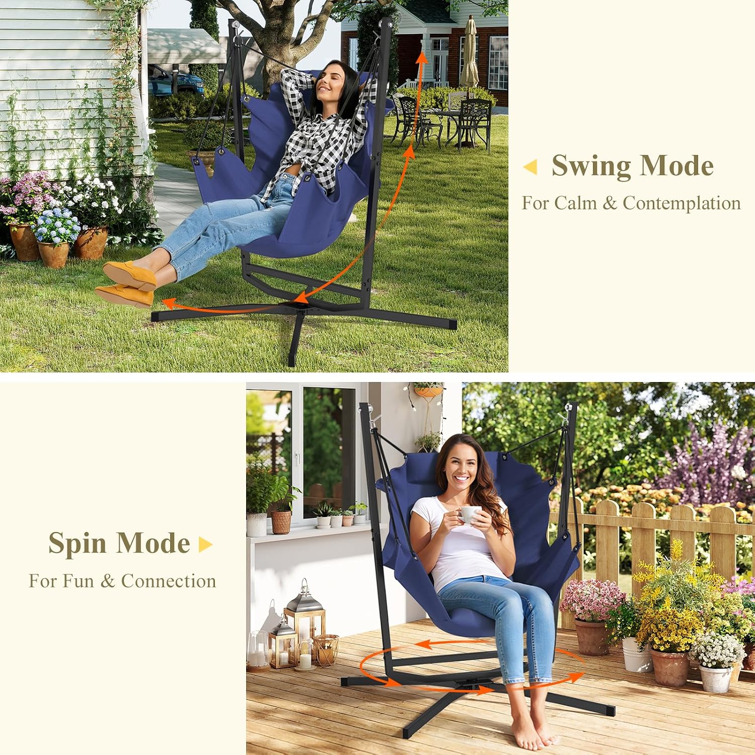 360° Swivel Hammock Swing Chair with Stand - Comfortable Hanging Chair with Cushions (400 lbs Capacity) for Indoor/Outdoor Use - Perfect for Bedroom, Patio, Porch, Deck, Garden, Balcony