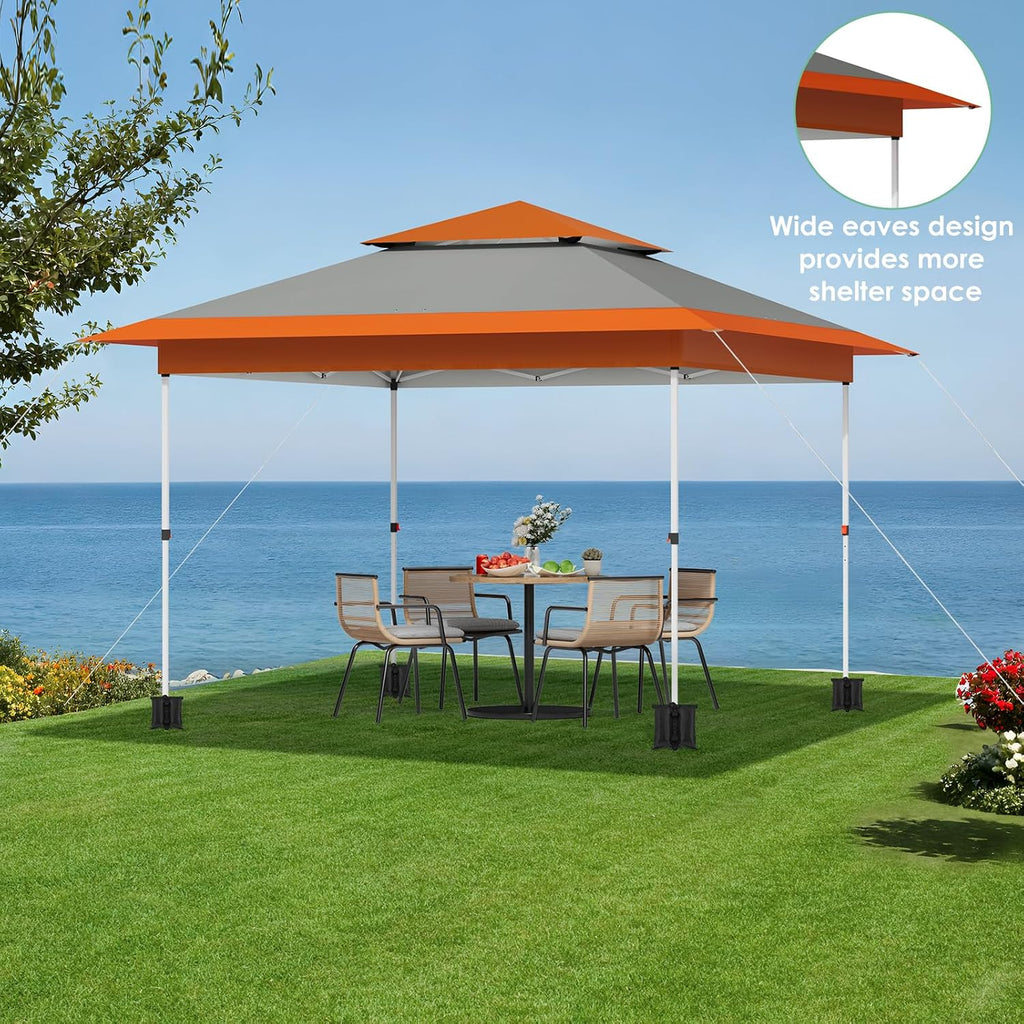 TLSUNNY 13X13 Pop Up Canopy Tent, Camping Shader W/Overhanging Eaves & Sand Bag, Outdoor Gazebo Shelter W/One Push Setup & Wheeled Bag, Height Adjustable, for Patio, Market, Party (Orange, 13FTX13FT)