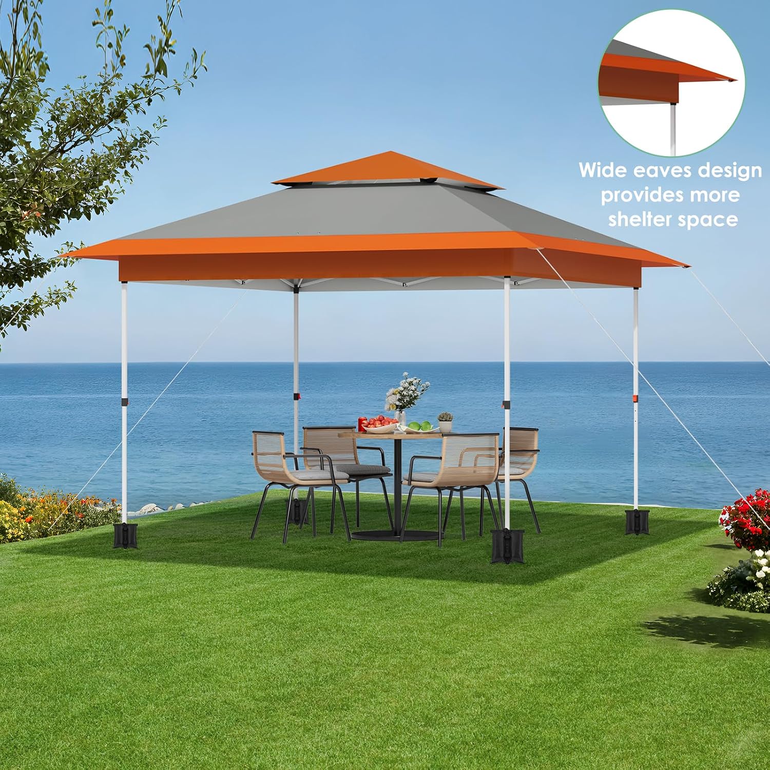 TLSUNNY 13X13 Pop Up Canopy Tent, Camping Shader W/Overhanging Eaves & Sand Bag, Outdoor Gazebo Shelter W/One Push Setup & Wheeled Bag, Height Adjustable, for Patio, Market, Party (Orange, 13FTX13FT)