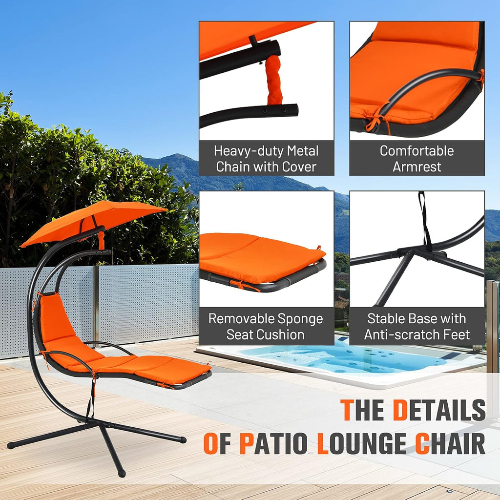 Giantex Outdoor Hanging Chaise Lounge Chair, Patio Hammock Chair with Removable Canopy, Cushion & Anti-toppling Rope, Hanging Arc Chaise Hammock for Patio Poolside Backyard Garden Porch (Orange)