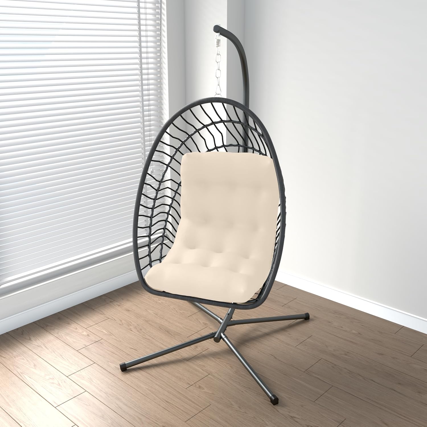 Kingdura Hanging Egg Chair with Stand Indoor Outdoor, Foldable Rattan Wicker Hammock Egg Swing Chair for Bedroom Porch Patio Garden, Thickened Cushion, 350LBS Capacity, Heavy Duty Frame