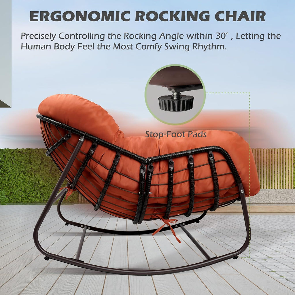 Papasan Rocking Chair, Oversized Papasan Chair with Cushion and Frame for Indoor& Outdoor, Deep Seat Egg-Shaped Rocker Chair for Garden, Deck, Living Room, Red