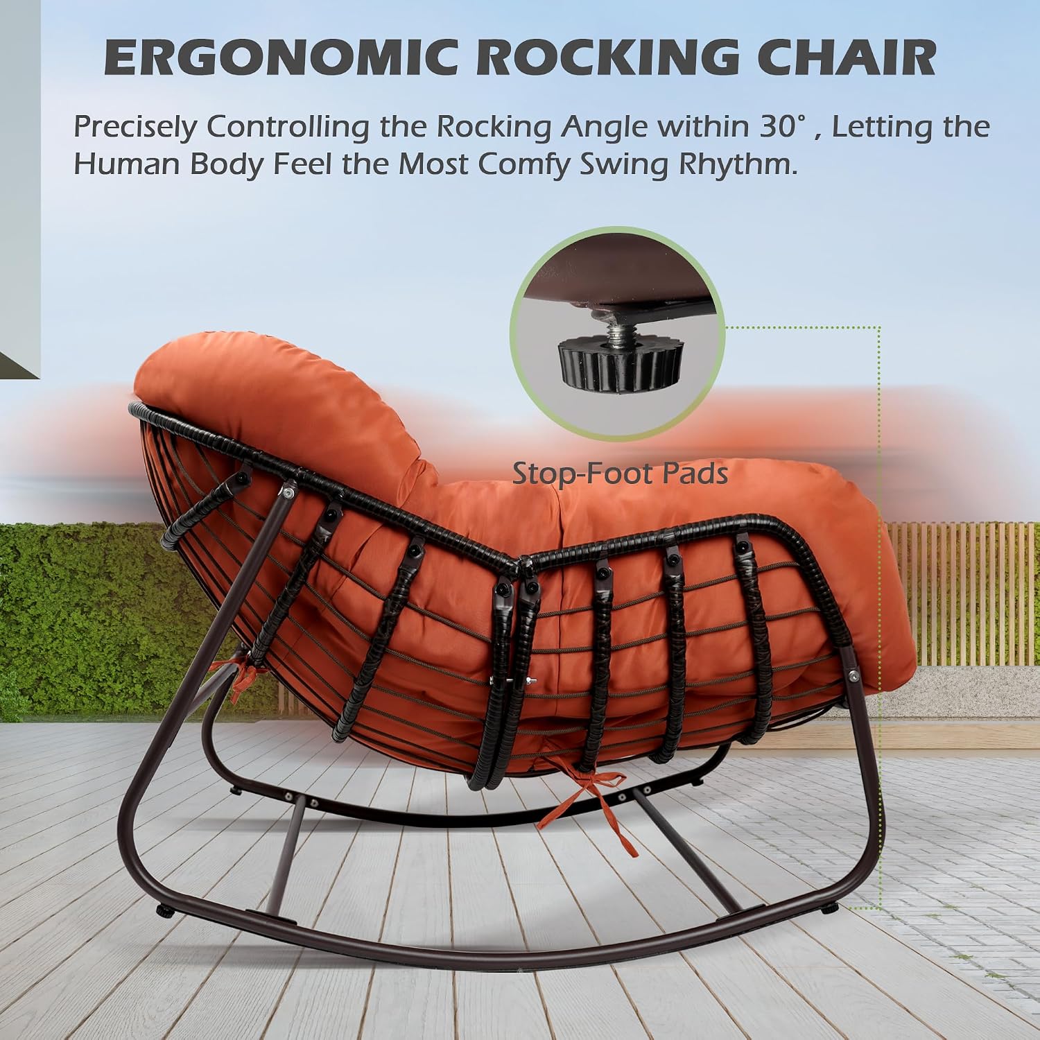 Papasan Rocking Chair, Oversized Papasan Chair with Cushion and Frame for Indoor& Outdoor, Deep Seat Egg-Shaped Rocker Chair for Garden, Deck, Living Room, Red