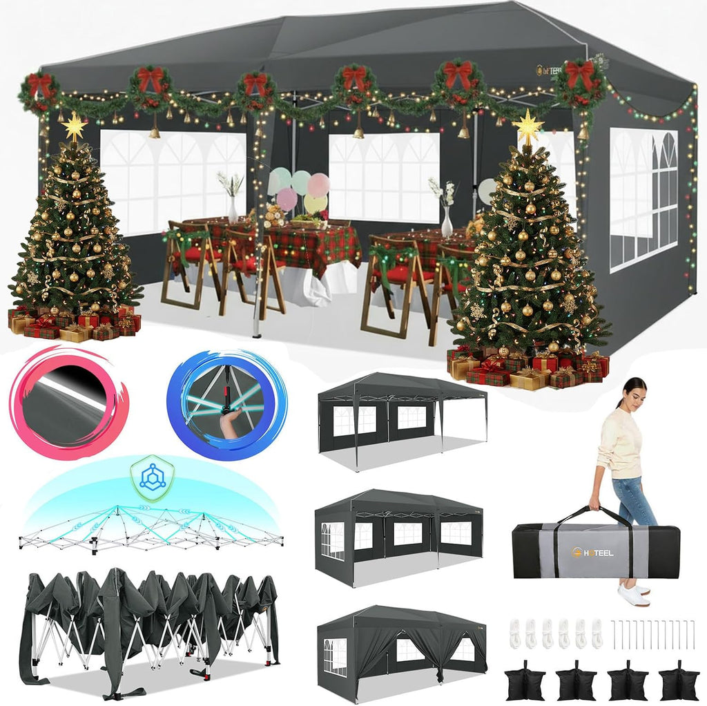 HOTEEL 10x20 Pop up Canopy Tent with 6 sidewalls Easy Up Commercial Outdoor Wedding Party Tents for Parties All Season Wind & Waterproof Gazebo Bag, Gray (Upgraded)
