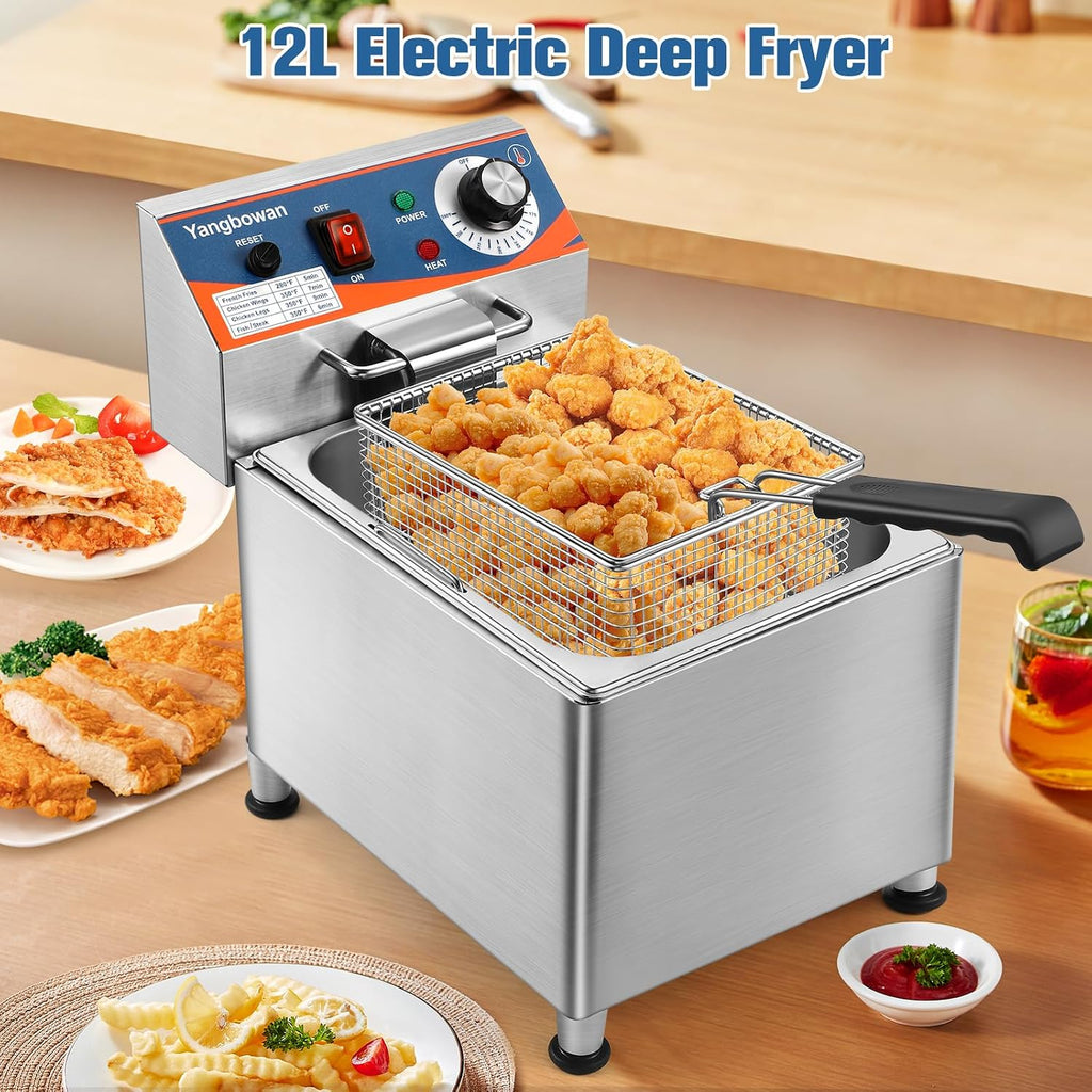 12L Commercial Deep Fryer,1800W Deep Fryer with Basket,Adjustable Temperature,Lid,Stainless Steel Body DeepFryer Pot,Electric Coumtertop Fryer for Commercial Restaurant Home Use