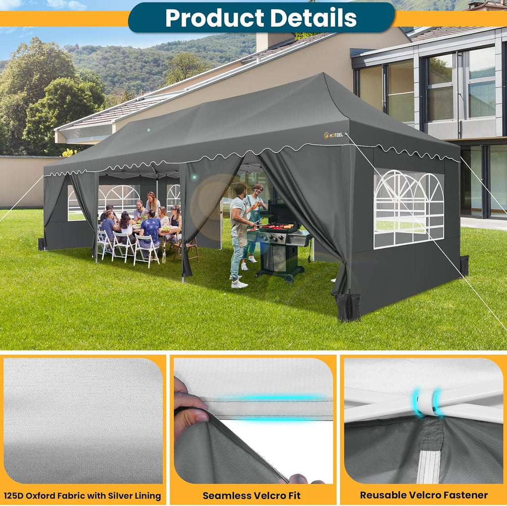 HOTEEL 10x30 Pop Up Canopy with 8 Sidewalls, Easy Setup Party Tent with Weight Bags, Wheeled Bag, Waterproof Event Shelter with Extra Roof Height for Backyard, Wedding (Green Gray)