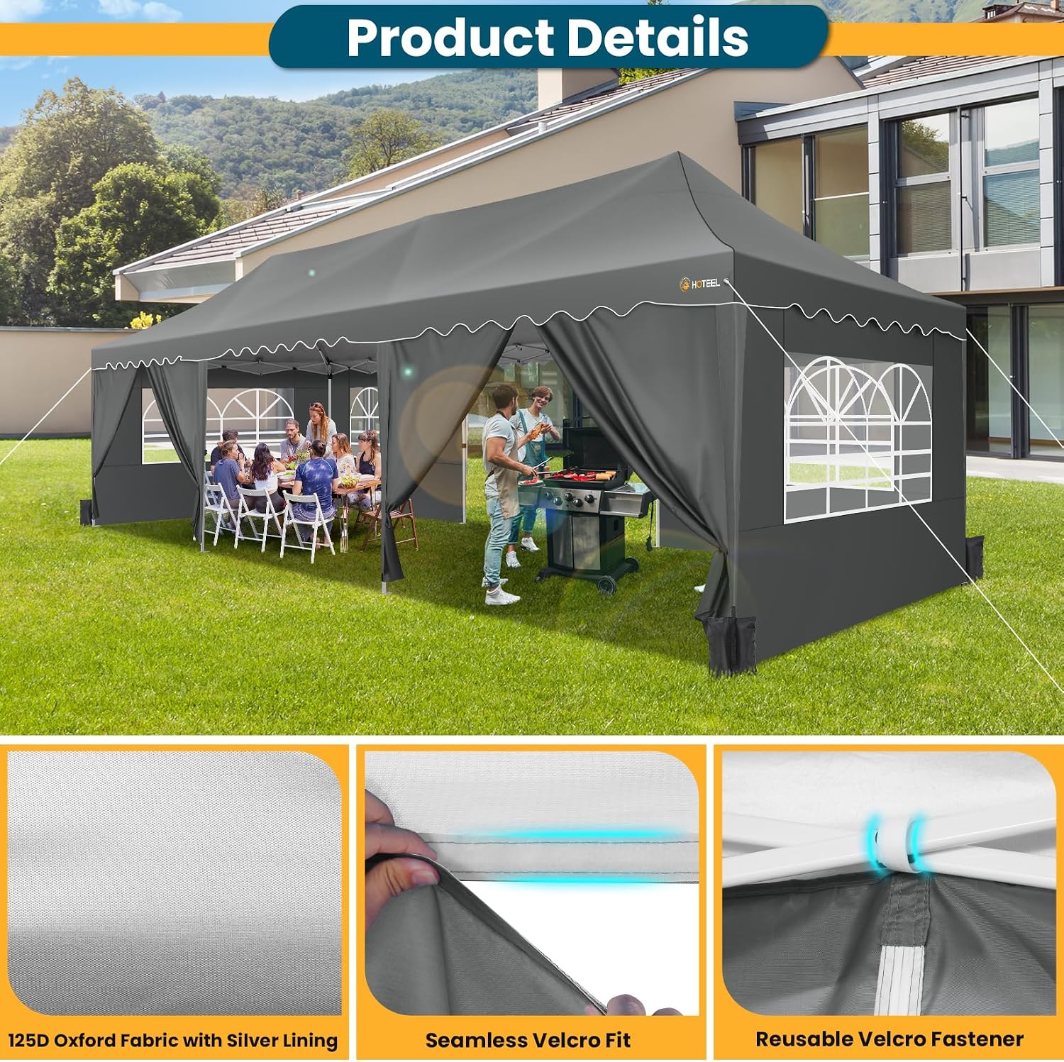 HOTEEL 10x30 Pop Up Canopy with 8 Sidewalls, Easy Setup Party Tent with Weight Bags, Wheeled Bag, Waterproof Event Shelter with Extra Roof Height for Backyard, Wedding (Green Gray)
