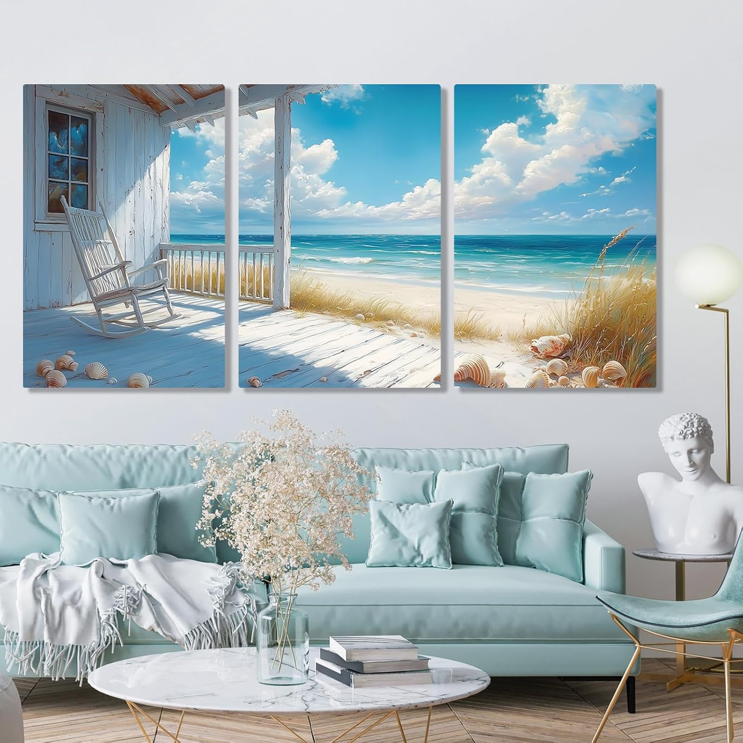 Sutanun 3-Piece Beach Canvas Wall Art – Rocking Chair Porch with Ocean View – Coastal Nautical Wall Décor for Living Room, Bedroom, Office (24' x 36' x 3 pcs)