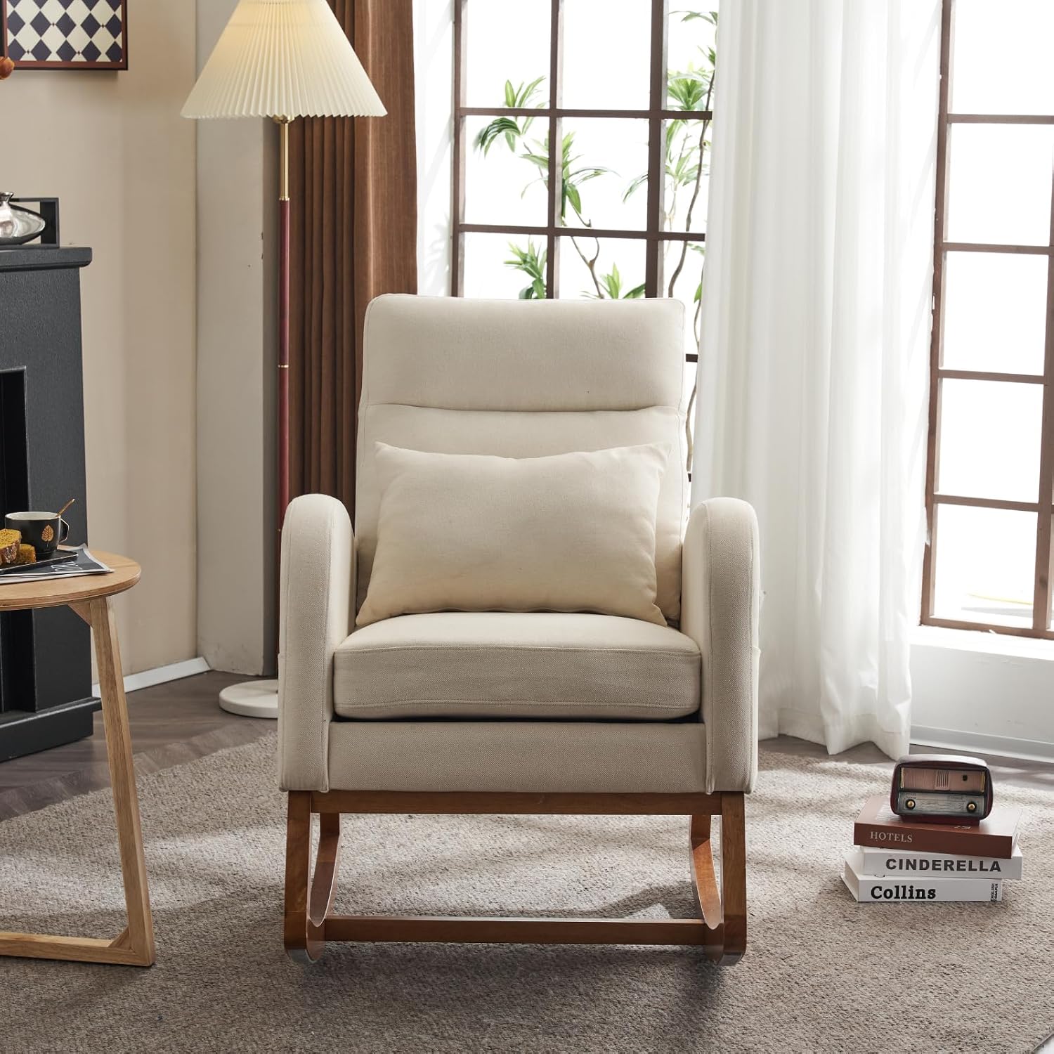 VINGLI Beige Linen Nursery Rocking Chair with Thick Headrest,Mid-Century Modern Nursing Rocker,Upholstered Glider with Curved Armrest, Sturdy Solid Wood Base for Living Room, Bedroom, Baby Room