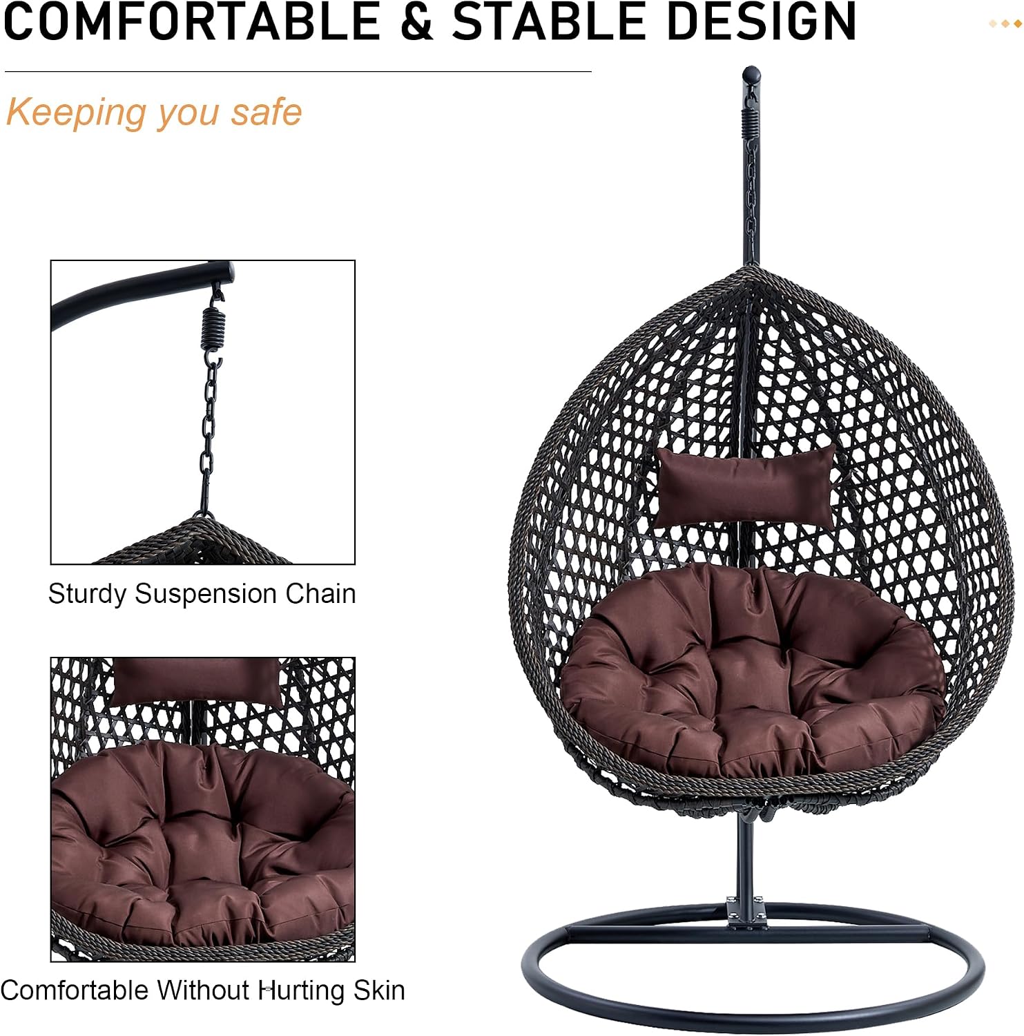 Egg Swing Chair Outdoor with Stand, Indoor Hanging Egg Chair, Rattan Basket Chair with Cushion and Pillow, Foldable Basket and Metal Stand for Backyard Sunroom Patio Balcony (Black)