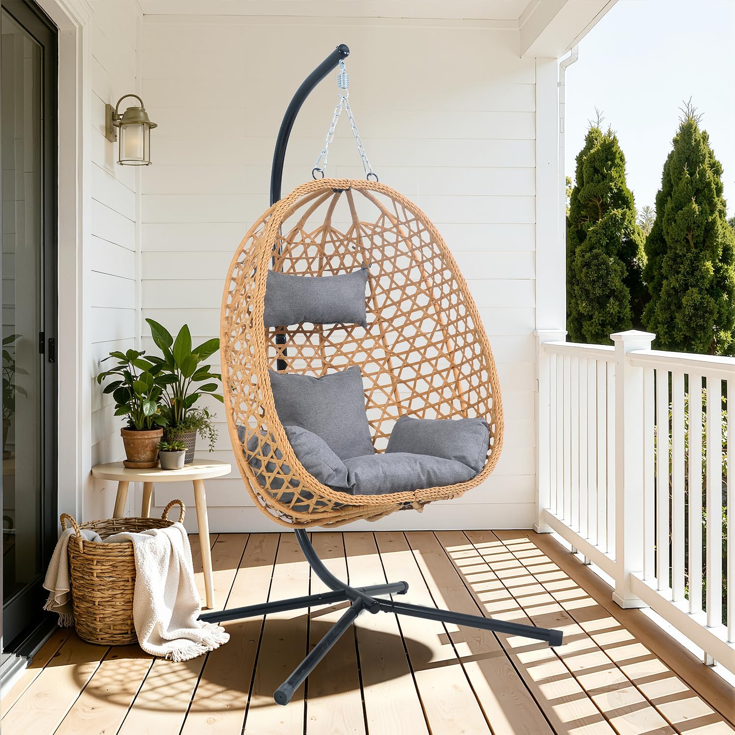 EortheX Hanging Egg Chair with Cushions – Comfortable Rattan Swing Chair with Stand for Patio, Garden, or Balcony – Stylish and Relaxing Outdoor Lounge Chair, 350LBS Capacity Indoor Outdoor (Grey)