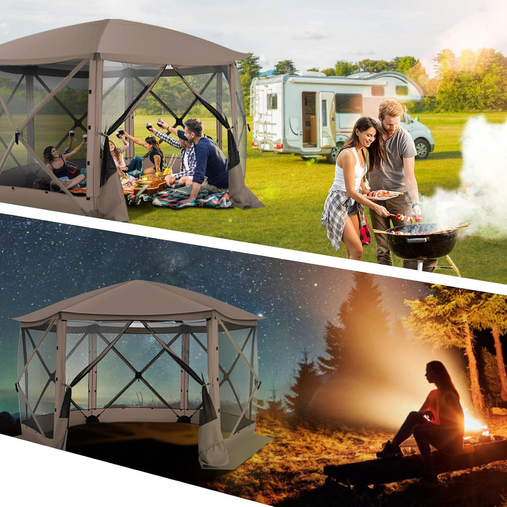 COBIZI Pop Up Gazebo Screen Tent Screen House for Camping, 12x12 Screen Room with Mosquito Netting, Hub Tent Instant Screened Canopy with Carrying Bag and Ground Stakes, Brown