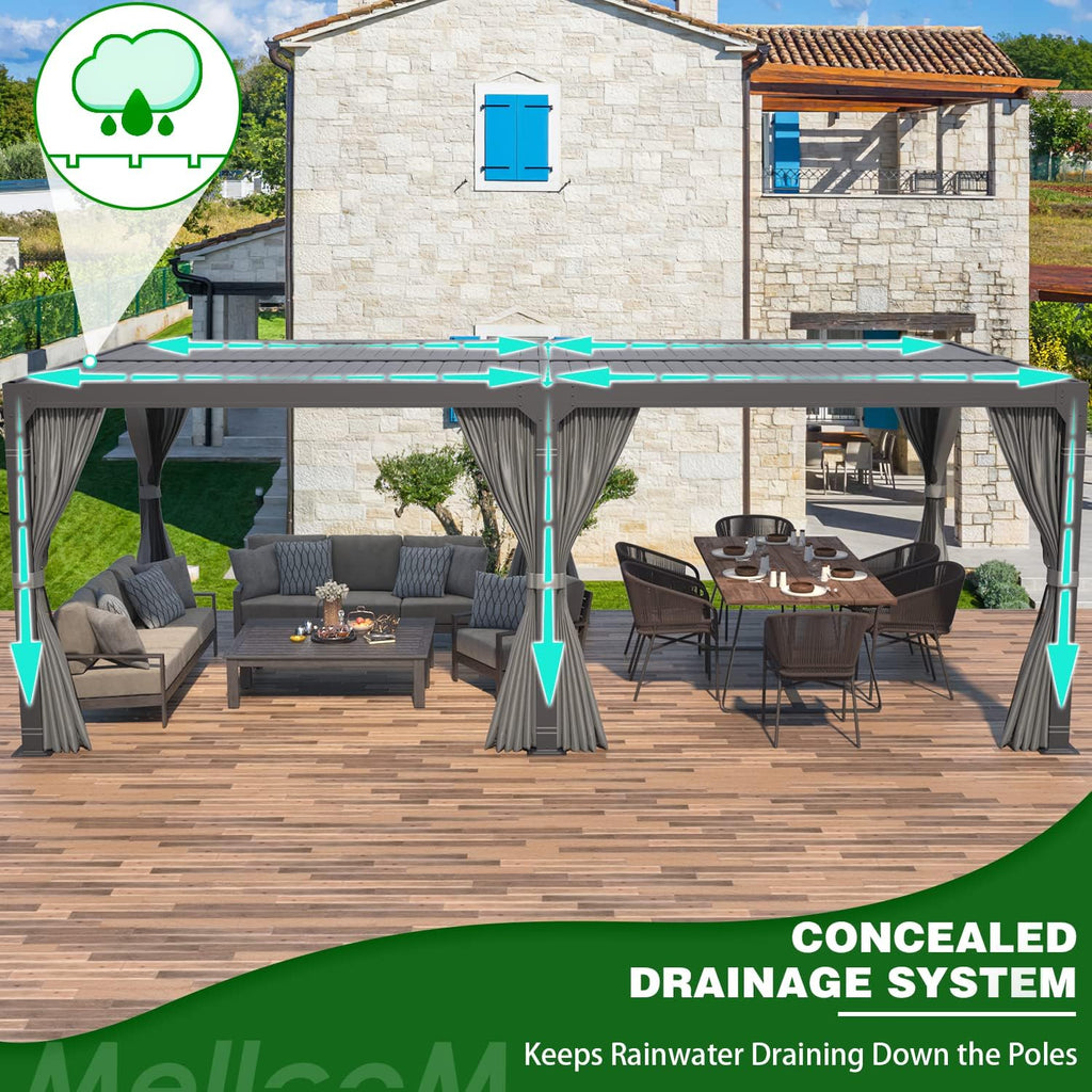 MELLCOM Aluminum Louvered Pergola - 10x20 with Adjustable Roof, Waterproof Curtains and Nets, Gray