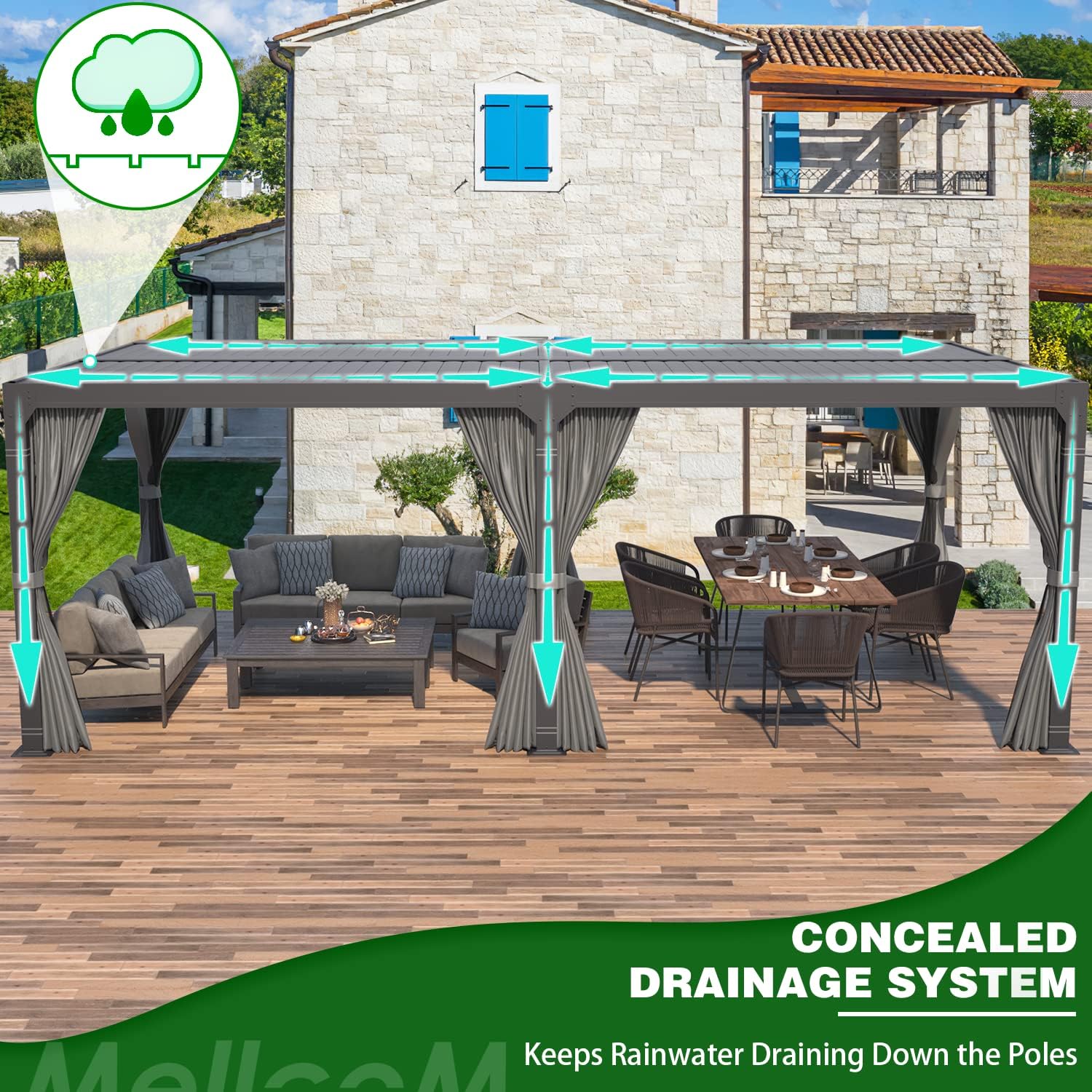MELLCOM Aluminum Louvered Pergola - 10x20 with Adjustable Roof, Waterproof Curtains and Nets, Gray