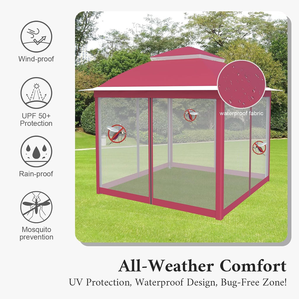 11 x 11 Pop Up Gazebo, Patio Gazebo with Double Roofs, Outdoor Canopy with Mosquito Nettings and Privacy Screens for Lawn, Backyard, Deck, Garden. Pink