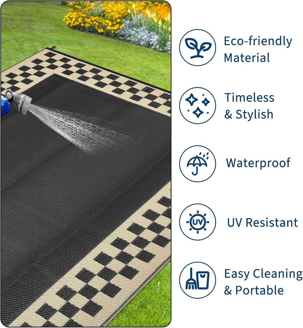 GAOMON Patio Modern Checkered Outdoor Rug 10x14 Waterproof Large Reversible Camping Mat Foldable Lightweight Plastic Straw Outdoor Rug for Deck, Picnic, Porch, Camper, Balcony, Beach, Rv, Black