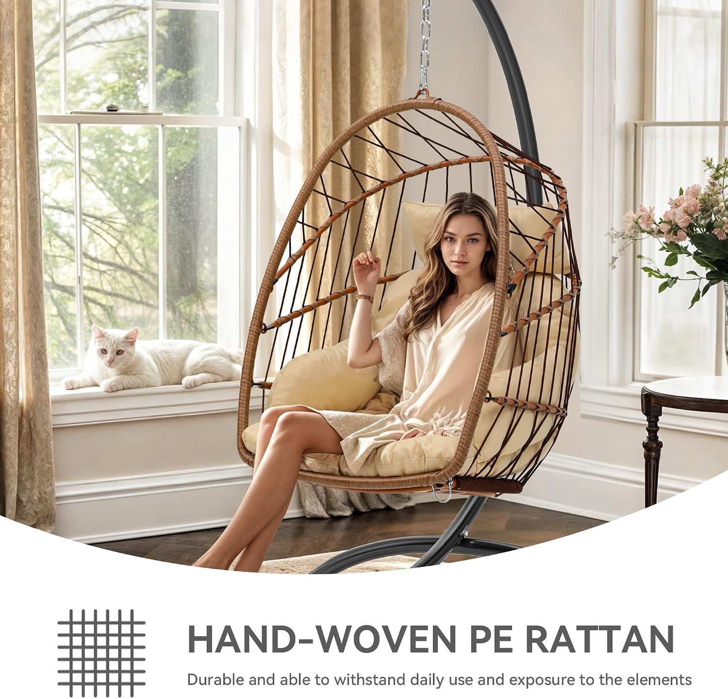 YITAHOME Hanging Egg Chair, Outdoor Patio Wicker Hammock Egg Chair Indoor with Cushion, Rattan Swing Chair 300lbs for Balcony, Garden Bedroom, Beige with Stand