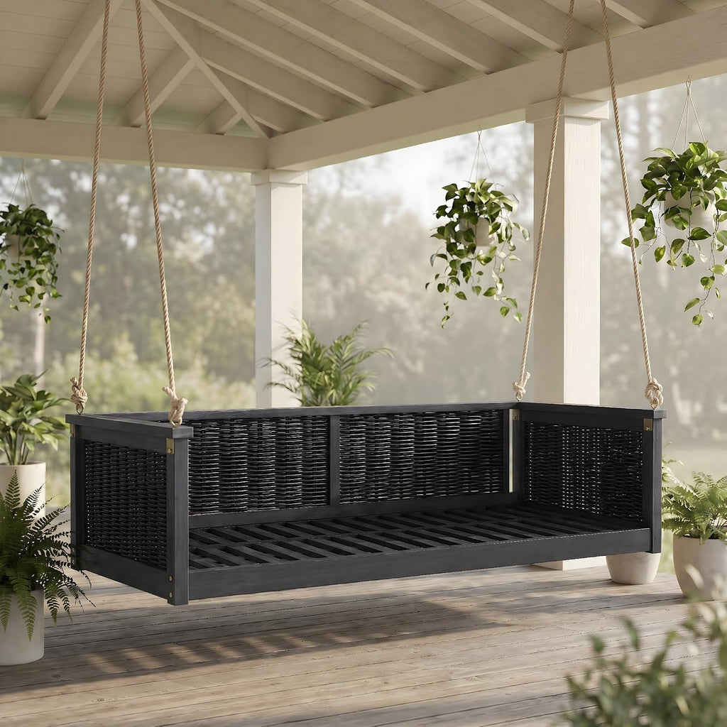 Acacia Wood & Rattan Twin Size Outdoor Swing Bed with Hanging Ropes - 3 Color Options for Backyard or Porch Relaxation (Black/RR)