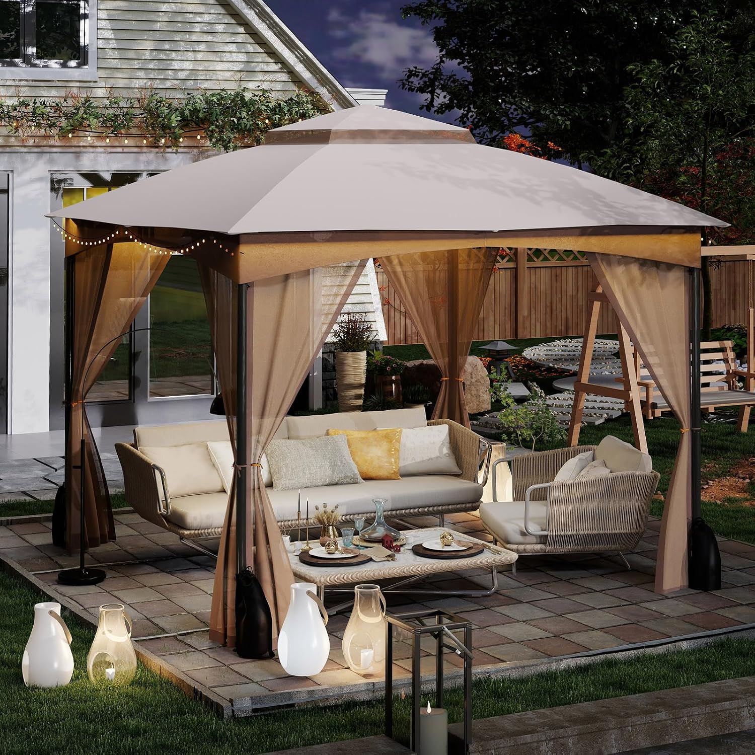 Tangkula 10x10 FT Outdoor Gazebo with Netting, Double Roof Patio Shelter with 4 Sandbags, Zippered Doors, Heavy-Duty Metal Frame, Metal Patio Gazebo for Yard Garden Lawn (Khaki)