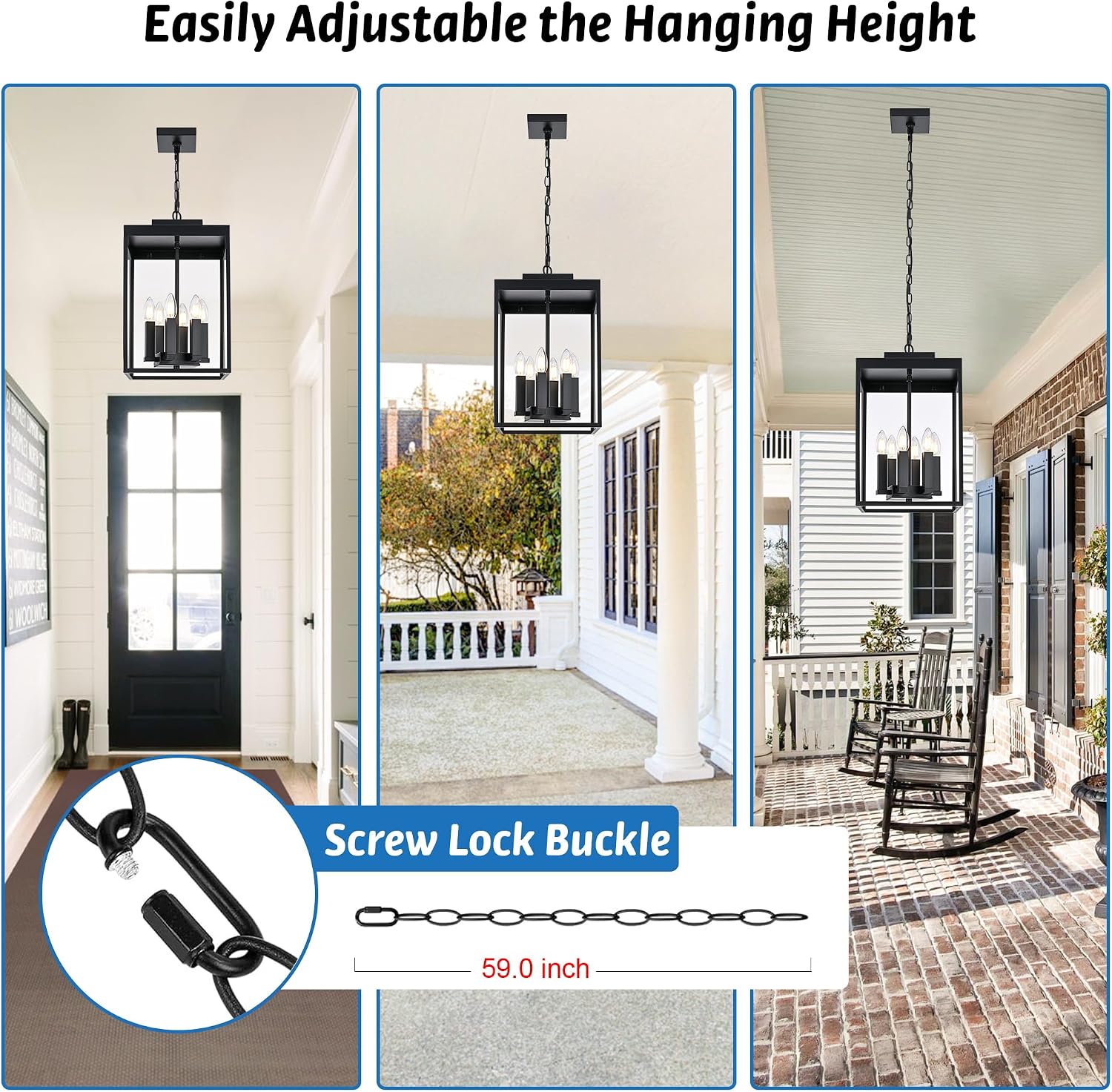MELUCEE 16'' Large Outdoor Pendant Light Fixture, 6-Light Outdoor Chandelier for Porch Black Lantern Pendant Lights with Clear Glass Exterior Ceiling Lights Hanging for Porch Patio Gazebo Entrance