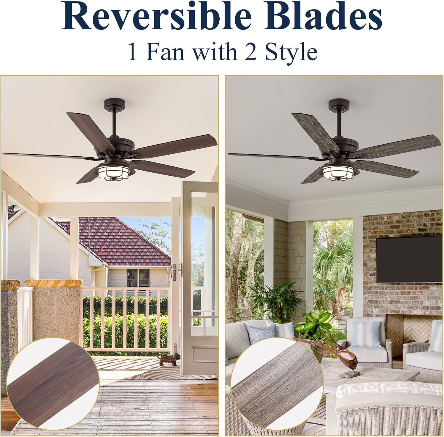 NORFOLK Outdoor Ceiling Fans with Lights and Remote, Waterproof 52 Inch Ceiling Fan with 3 Color LED Light for Patios, Gazebos, and Indoor, Wet Rated Farmhouse Modern Style