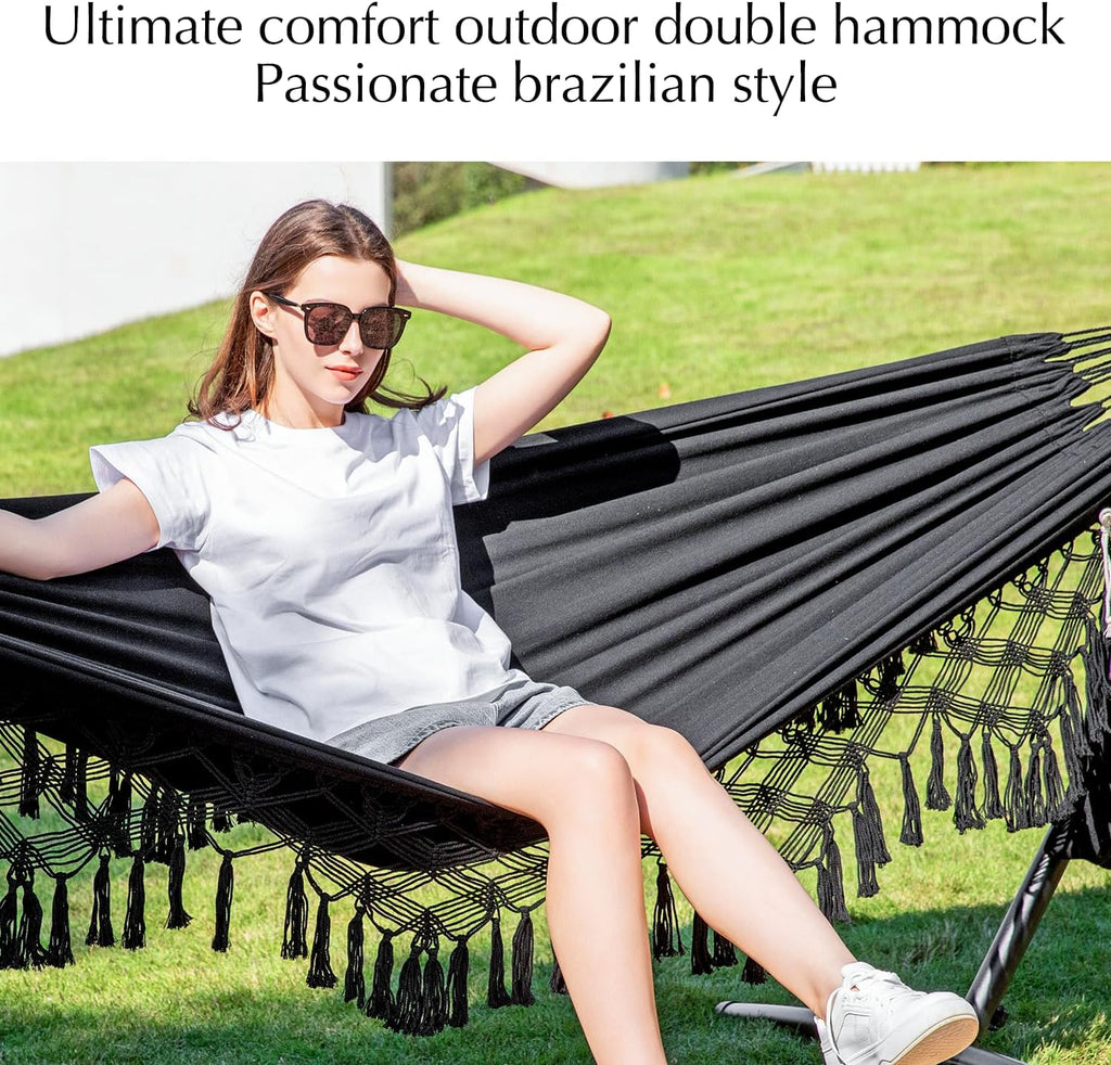 PNAEUT Handmade Tassel Hammocks, Double Hammock with Stand for Outside Indoor Outdoor, Max 450 lbs Capacity, Pillow & Storage Bag Included (Black)