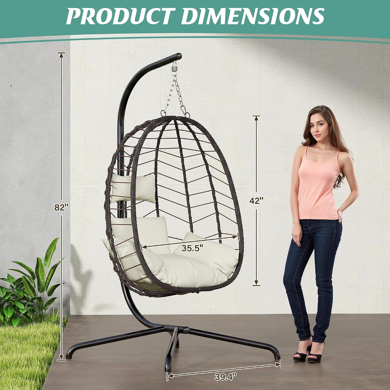 LEX CRAFT Hanging Egg Chair with Stand, Swinging Egg Chair Outdoor Indoor, Hanging Basket Chair with Cushion, Patio Wicker Hammock Chair 350lbs Capacity for Porch, Balcony, Backyard, Garden (Beige)