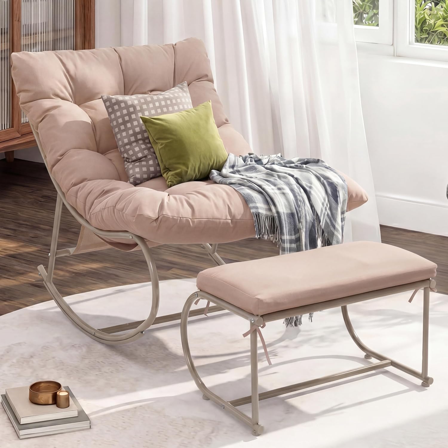 Oversized Double Papasan Rocking Chair Set of 2 with Ottoman, Egg Shaped Patio Lounge Chair with Thick Soft Cushion, Outdoor Relaxation Furniture for Porch, Backyard, Garden, Khaki