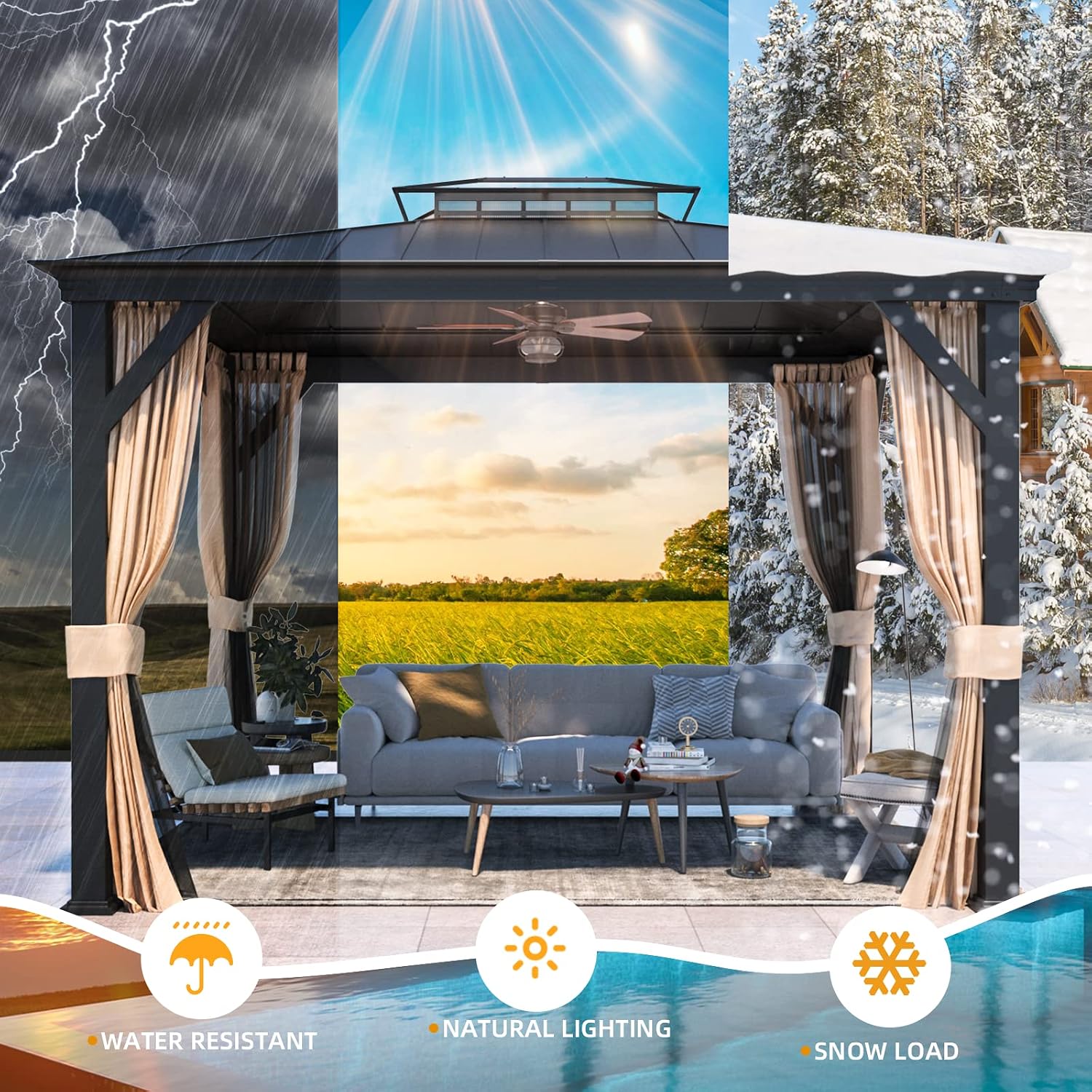 YOLENY 12'x10' Hardtop Gazebo, Outdoor Canopy Gazebos wtth Acrylic & Galvanized Steel Roof,Aluminum Frame with Curtains and Netting, Sunshade for Garden, Patio, Lawns Black