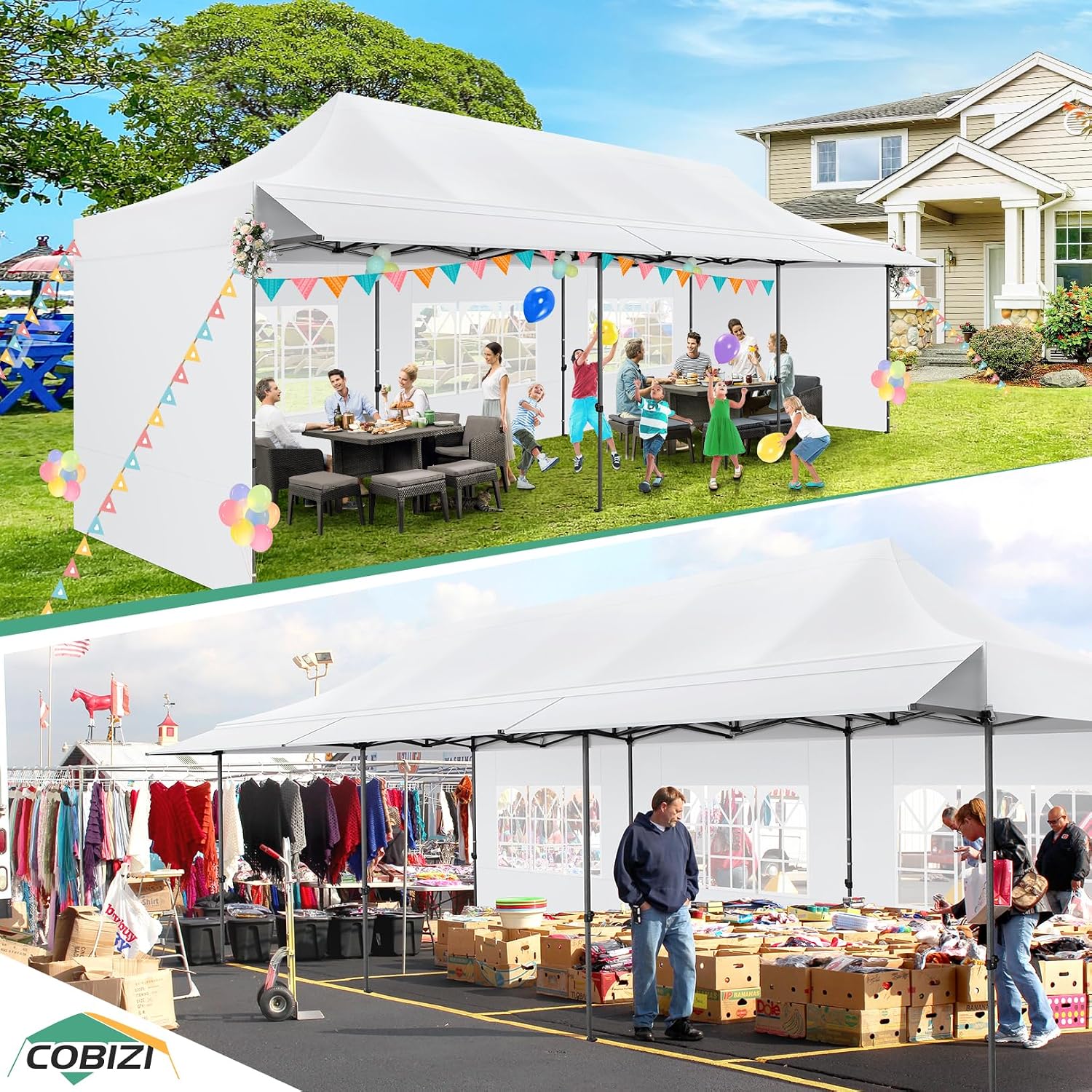 COBIZI 10x30 Pop Up Canopy Tent with Awning & Sidewalls, Heavy Duty Commercial 10X30 Canopy Tents Instant Waterproof, UPF 50+ Sun Shade for Outdoor, Parties, Markets (White)