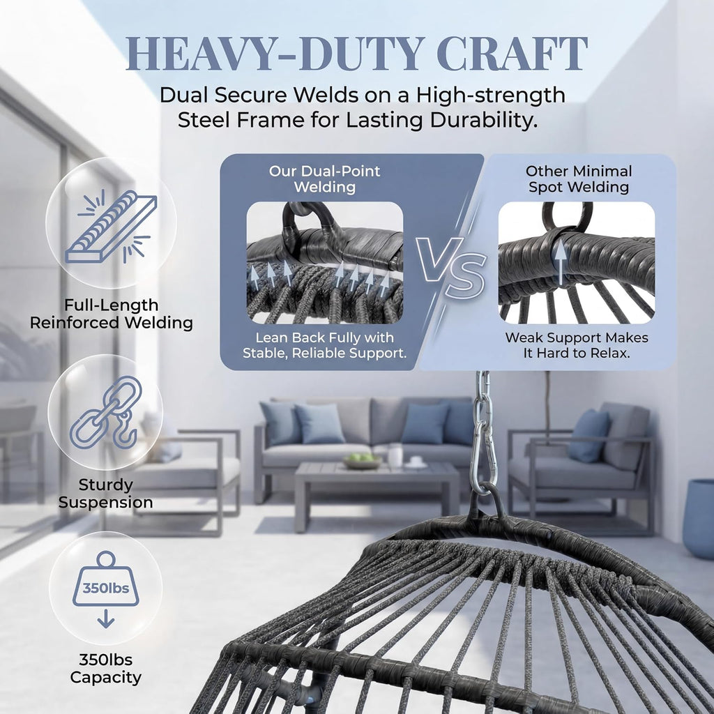 Nicesoul Foldable Space-Saving Hanging Egg Chair No Stand, 350lbs Reinforced Frame with Swing Design, Deep Seat with Thick Cushion, UV-Resistant Outdoor Indoor Use for Balcony Patio, Dark Grey