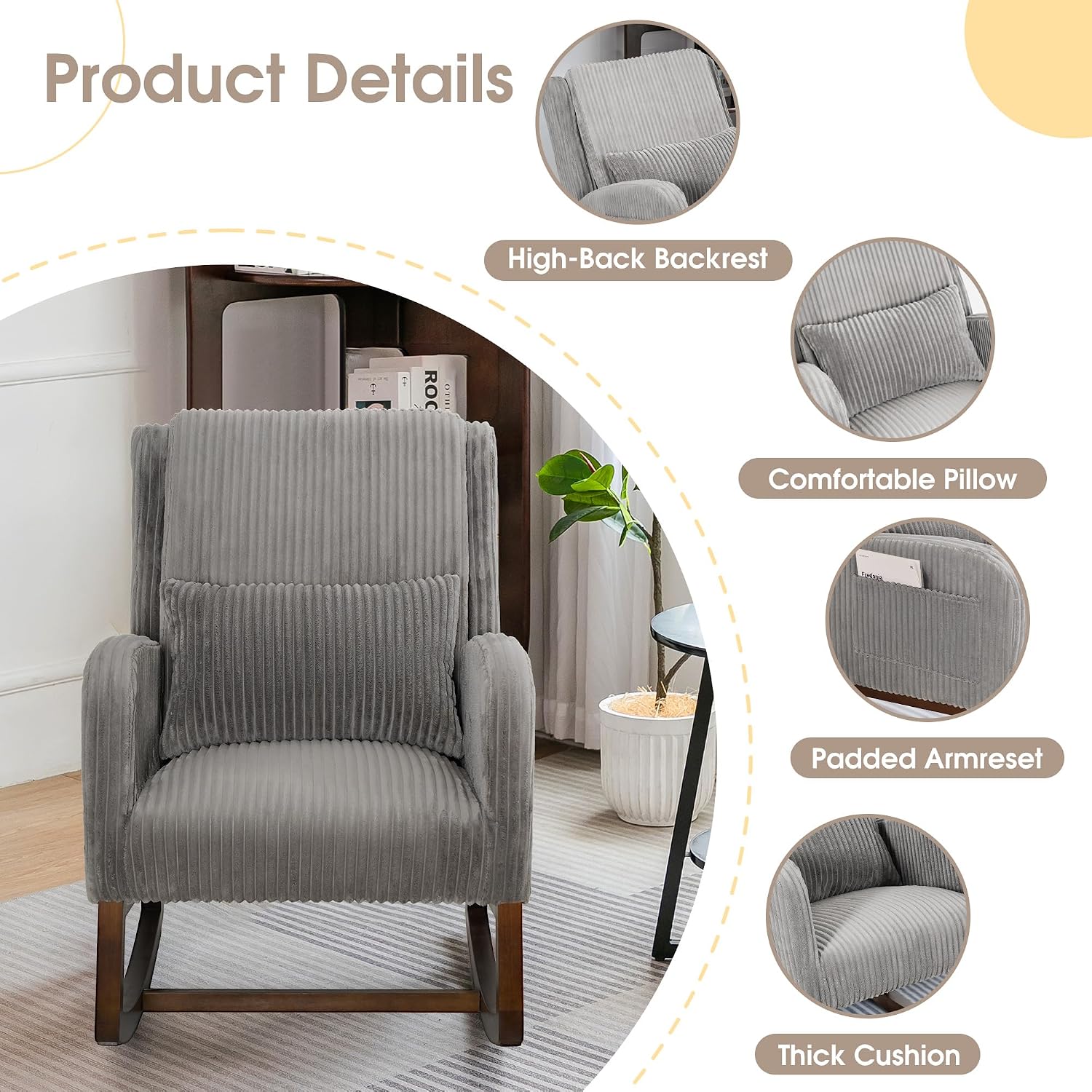 COCO DESIGN Corduroy Upholstered Rocking Chair for Nursery, Padded Seat & Back, Sturdy Wood Rockers for Living Room, Nursery, Bedroom Relaxation (Dark Grey)