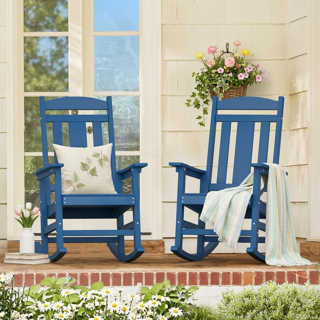 LUE BONA Outdoor Rocking Chairs Set of 2, Weather Resistant Poly Plastic Rocker Chairs, 350lb Heavy Duty, Oversized Porch Rocker for Adult, High Back Smooth Rocking Chairs for Outdoor & Indoor, Blue