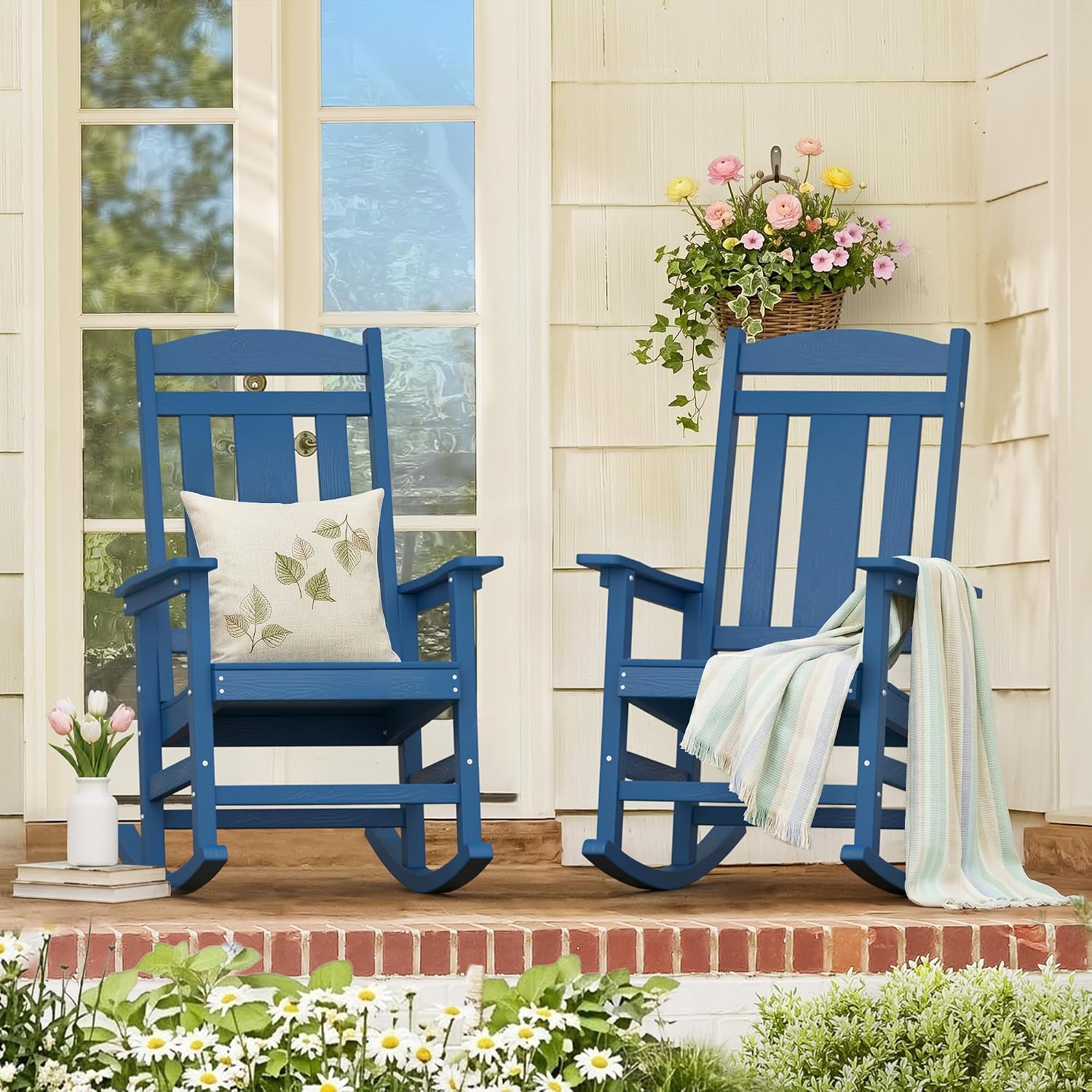 LUE BONA Outdoor Rocking Chairs Set of 2, Weather Resistant Poly Plastic Rocker Chairs, 350lb Heavy Duty, Oversized Porch Rocker for Adult, High Back Smooth Rocking Chairs for Outdoor & Indoor, Blue