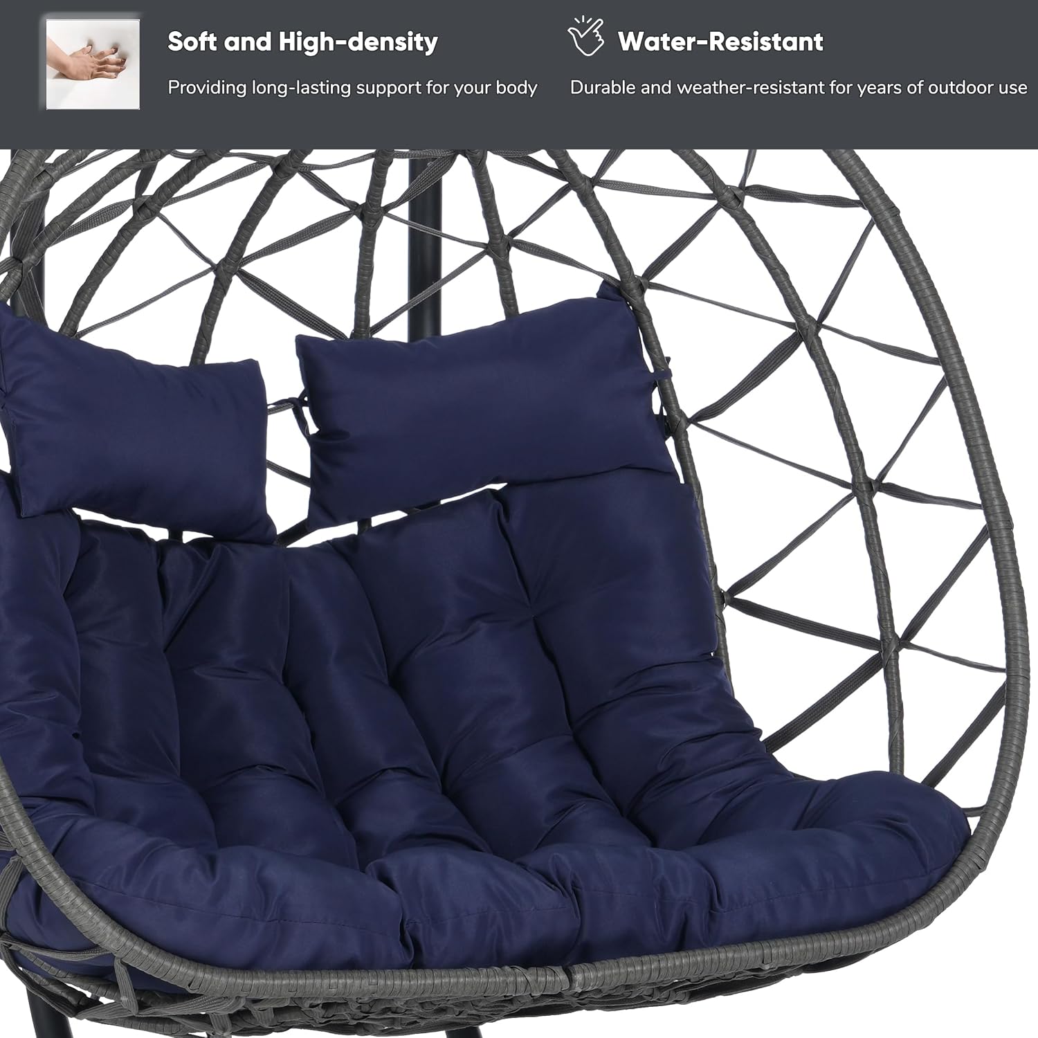 JOYBASE Double Swing Egg Chair with Stand, 2-Person Hanging Egg Chair Wicker Rattan Oversized Swinging Chair for Outdoor Indoor Garden Patio (Dark Blue Cushion and Grey Rattan)