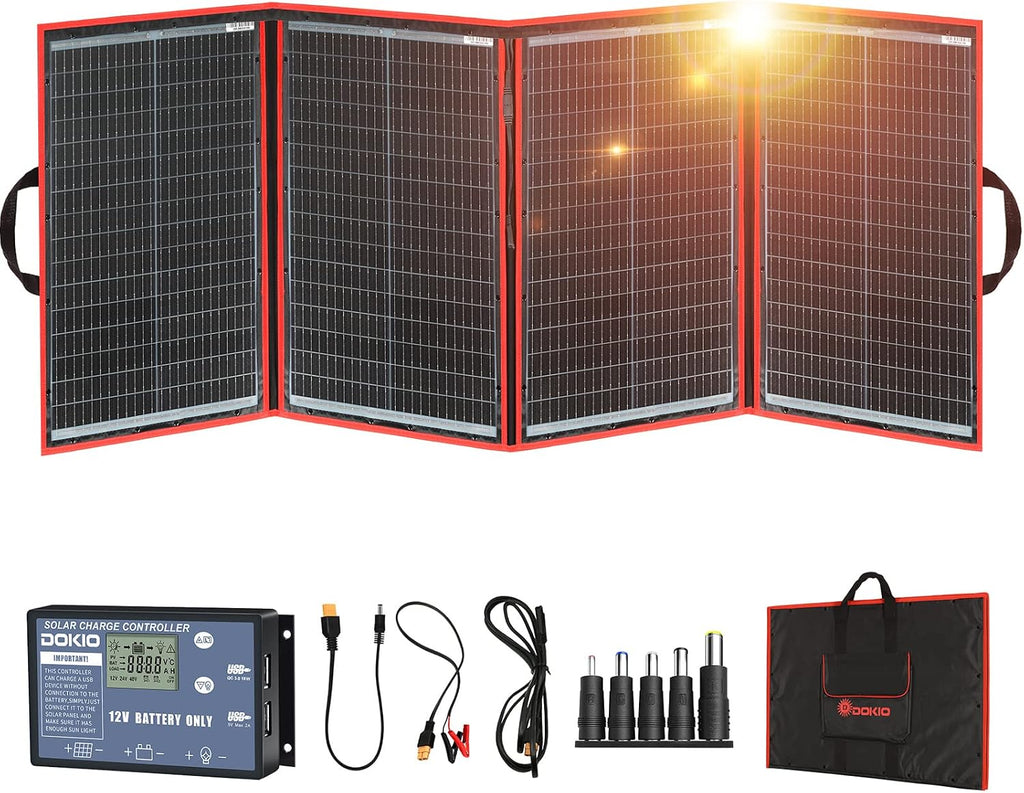 DOKIO 200W Portable Foldable Solar Panel Kit, Compact 20x26.4in Design 9.7lb with Standalone Controller and USB, Monocrystalline Charger for 12V Batteries, Power Stations, RV Camping Emergency Use