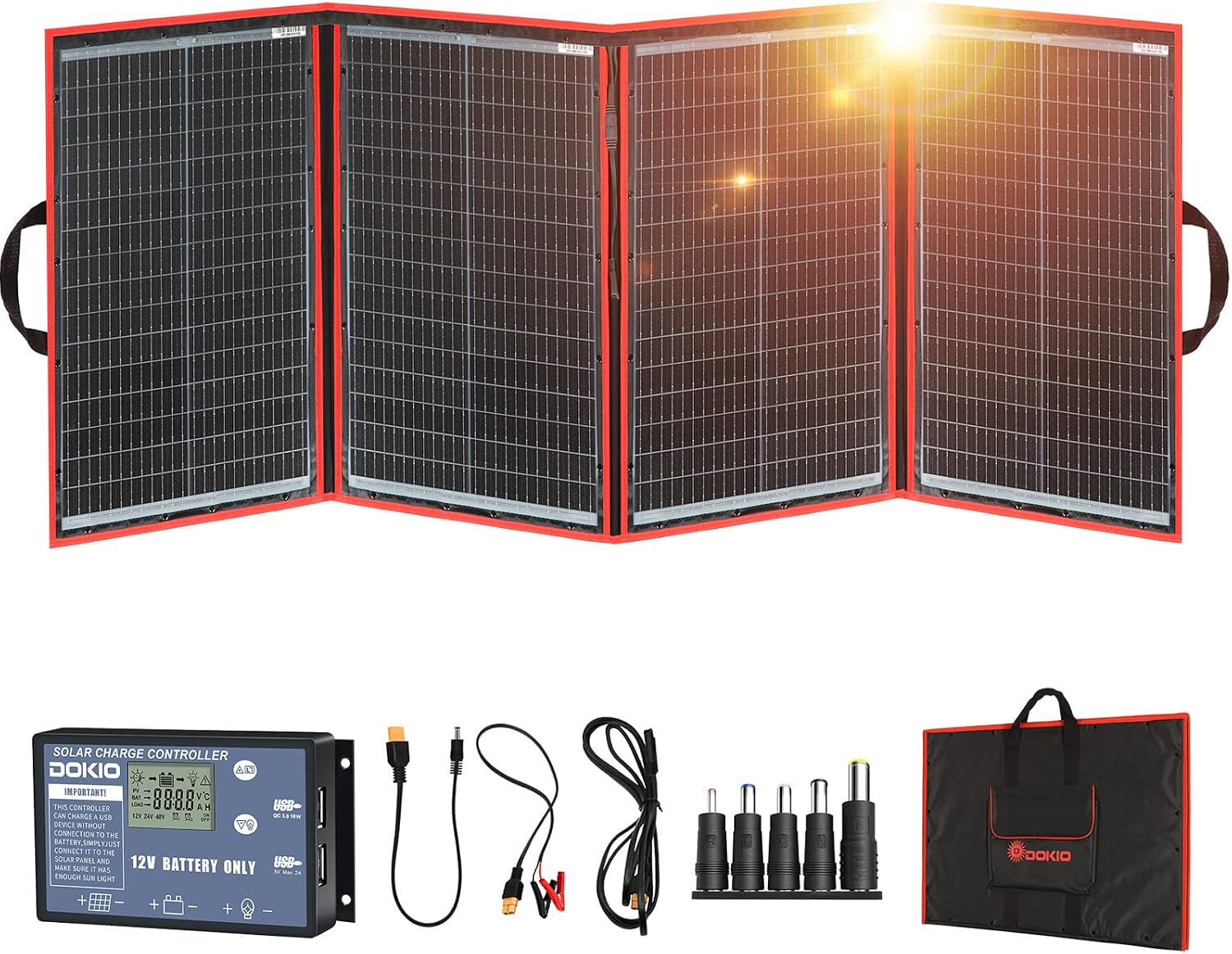 DOKIO 200W Portable Foldable Solar Panel Kit, Compact 20x26.4in Design 9.7lb with Standalone Controller and USB, Monocrystalline Charger for 12V Batteries, Power Stations, RV Camping Emergency Use