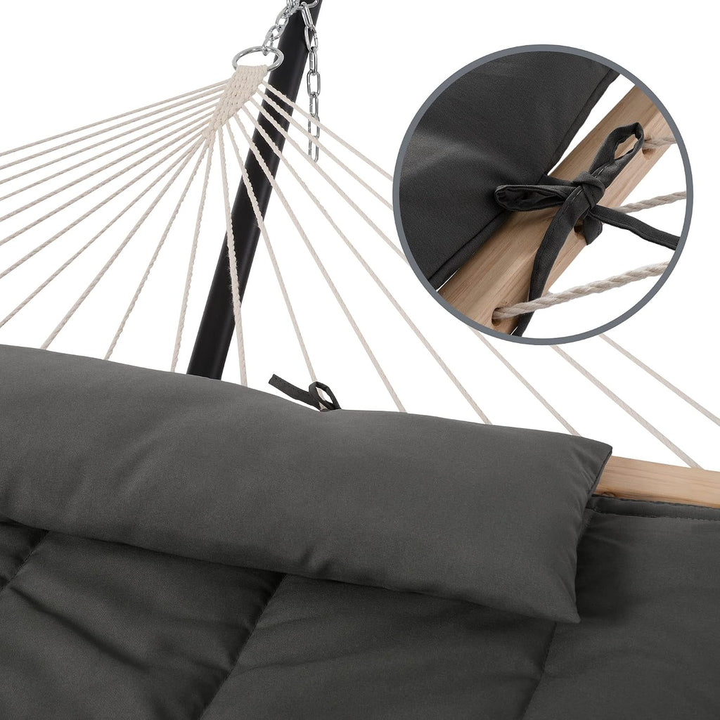 SUNCREAT Double Outdoor Hammock with Stand, Carrying Bag, Two Person Cotton Rope Hammock with Polyester Pad, Dark Gray